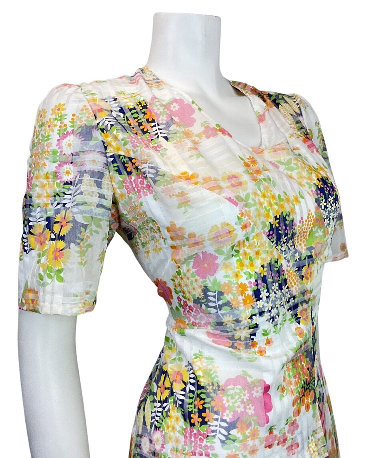 VINTAGE 60s 70s WHITE BLUE YELLOW CHECKED FLORAL DAISY MOD SHORT DRESS 10 12