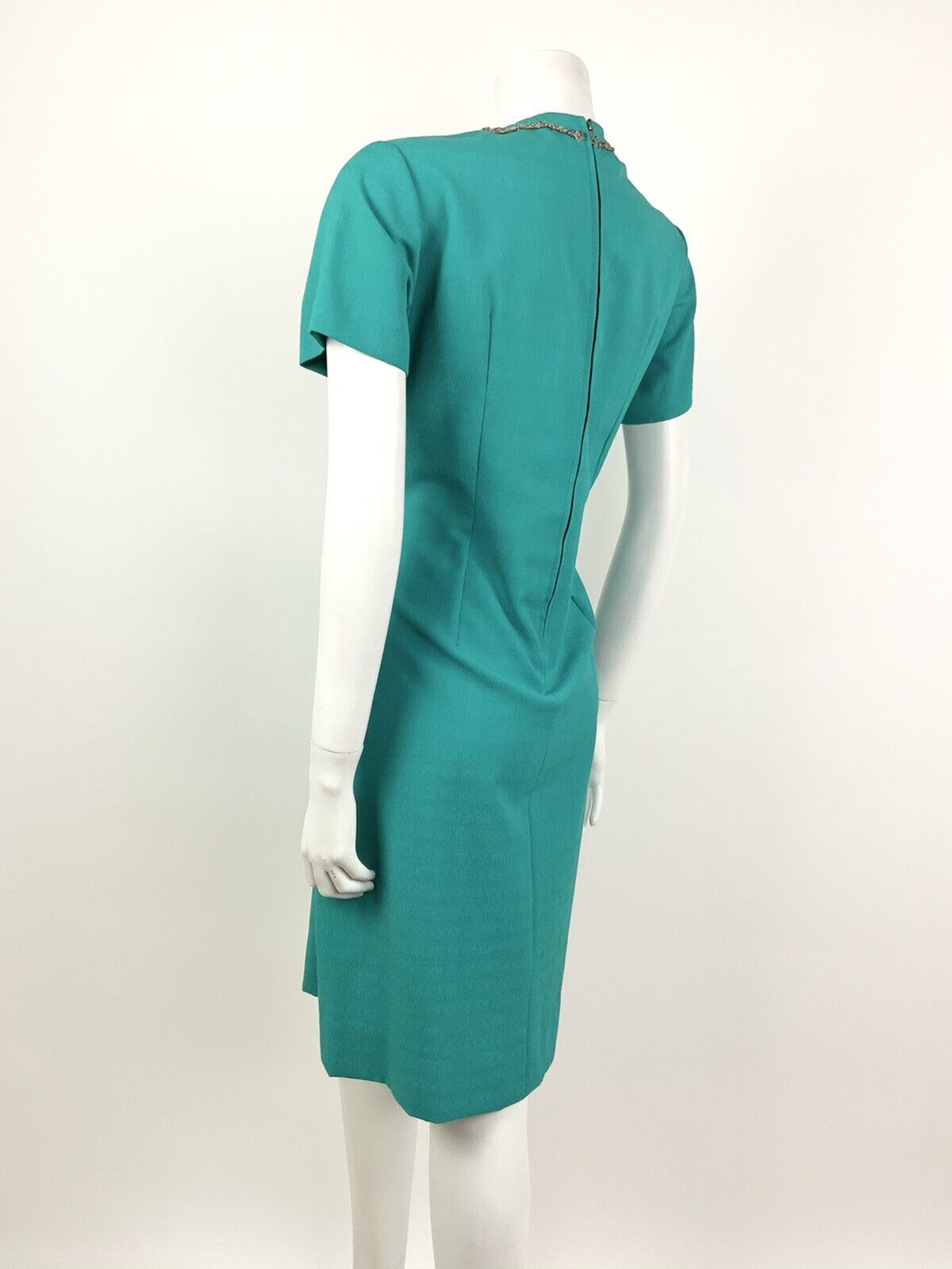 VTG 60s 70s GREEN TEAL BRONZE SILVER DIAMANTE BIRDS-EYE MOD DRESS 14 16