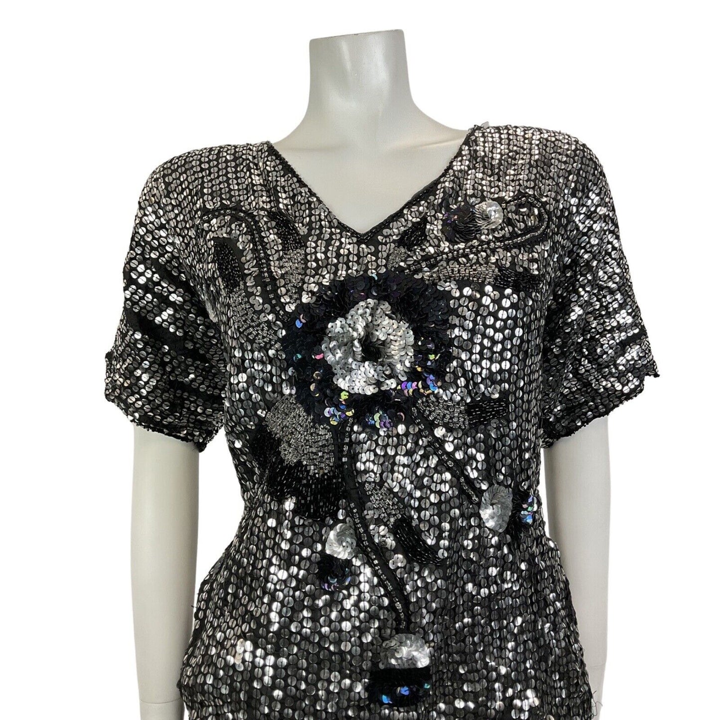 VINTAGE 70s 80s SILVER BLACK SEQUIN BEADED FLORAL DISCO GLAM PARTY TOP 14 16