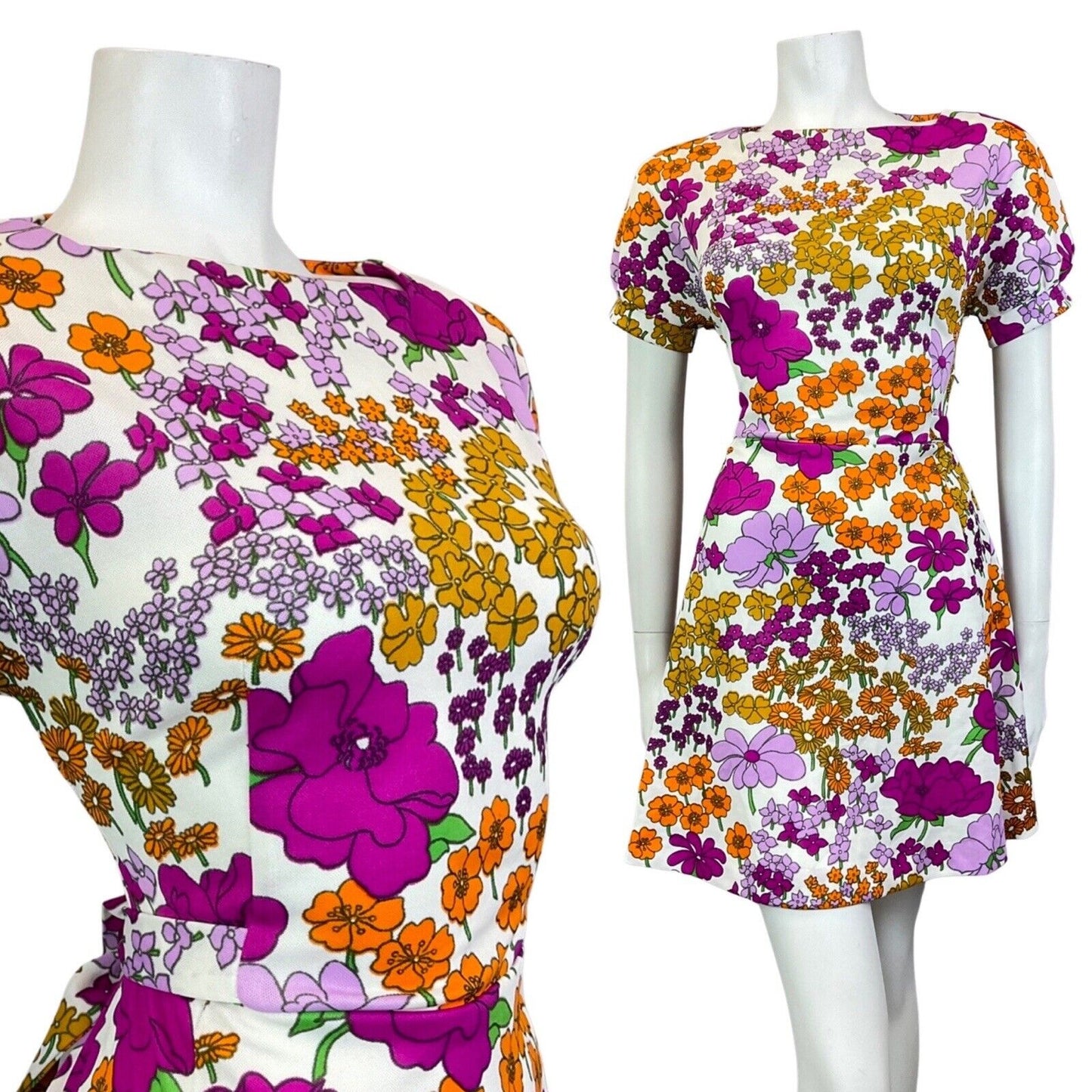 VINTAGE 60s 70s PURPLE WHITE YELLOW FLORAL MOD SHORT SWING DRESS 8 10