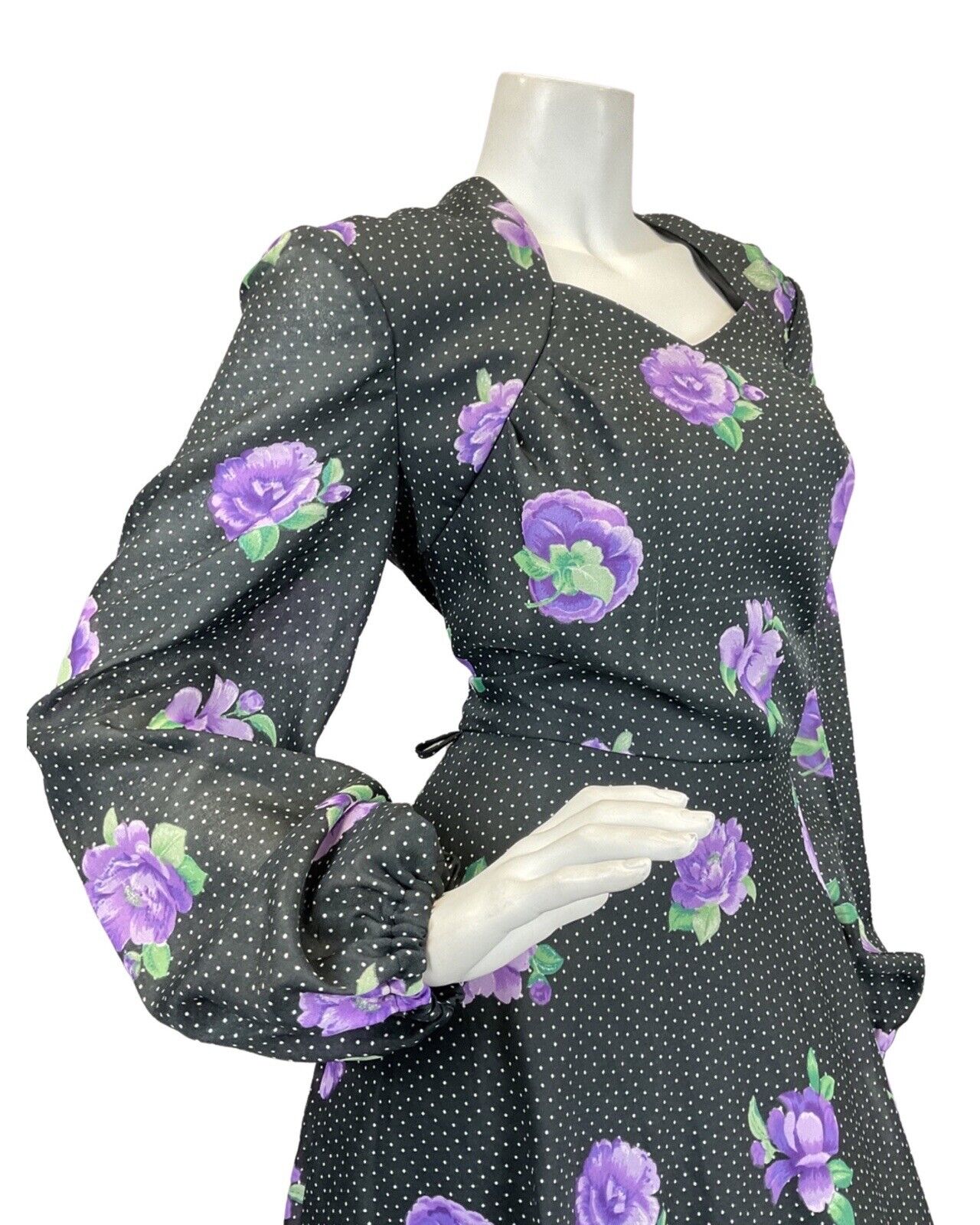 VINTAGE 70s BLACK WHITE PURPLE POLKA-DOT FLORAL PUFF SLEEVE BOHO MAXI DRESS 16