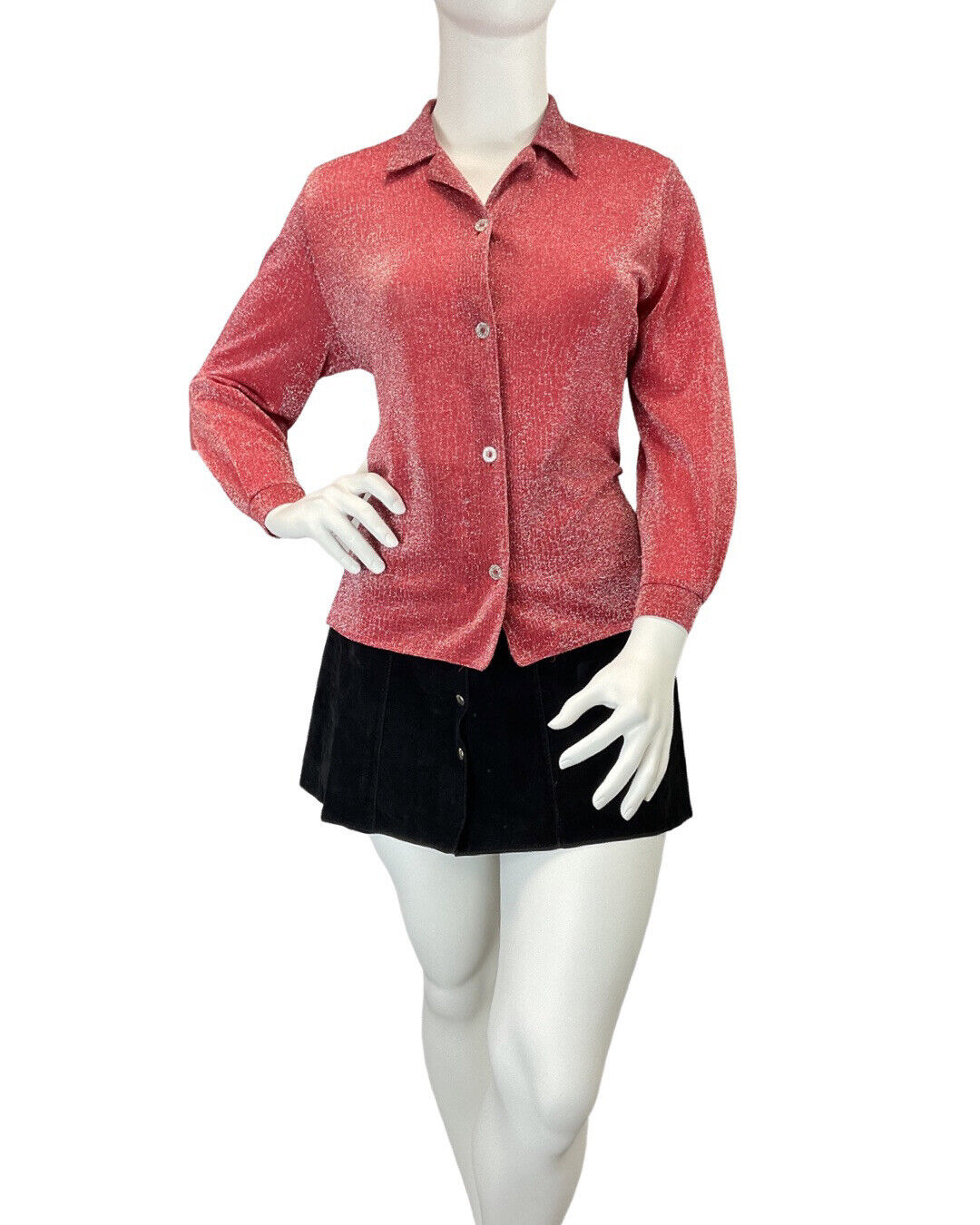 VINTAGE 60s 70s BRIGHT RED SILVER DISCO PARTY LUREX BLOUSE SHIRT 16 18