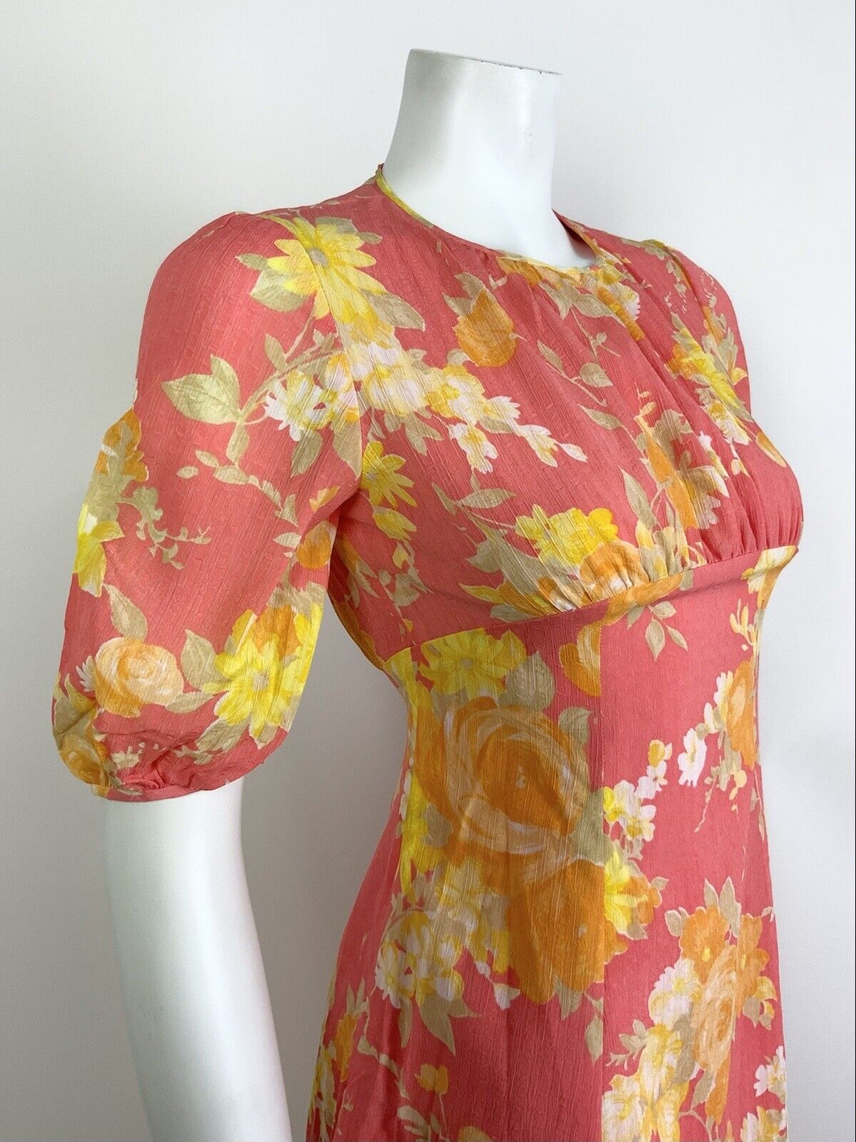 VINTAGE 60s 70s PINK YELLOW ORANGE FLORAL PUFF SLEEVE MOD EMPIRE LINE DRESS 8