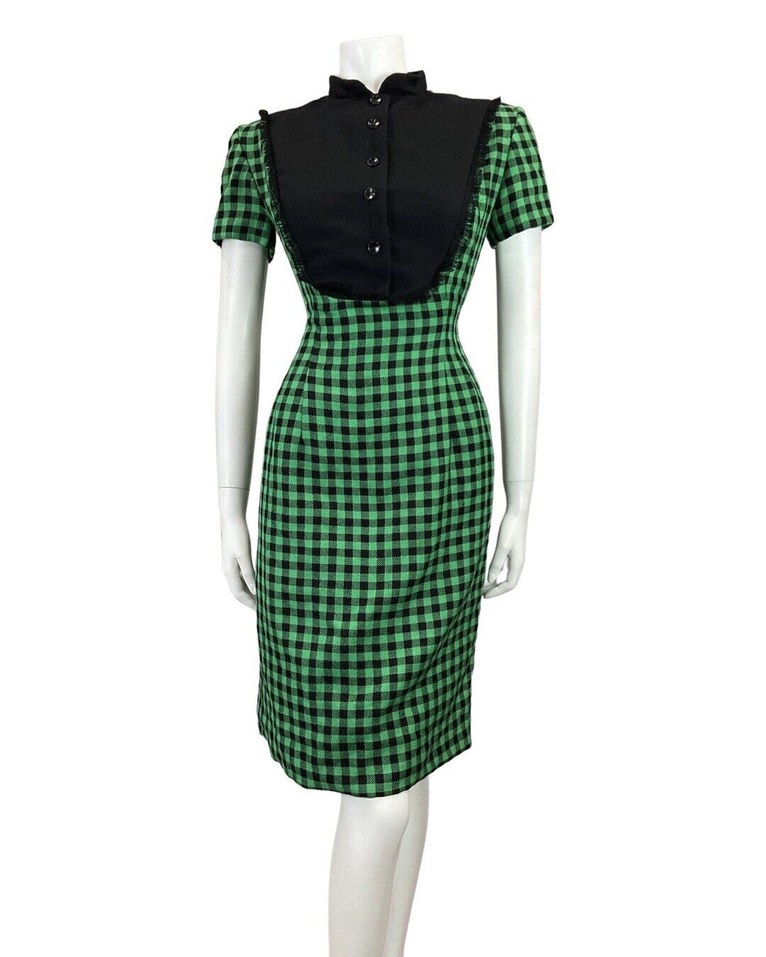 VINTAGE 60s 70s GREEN BLACK GINGHAM CHECKED MOD FITTED DRESS 8 10