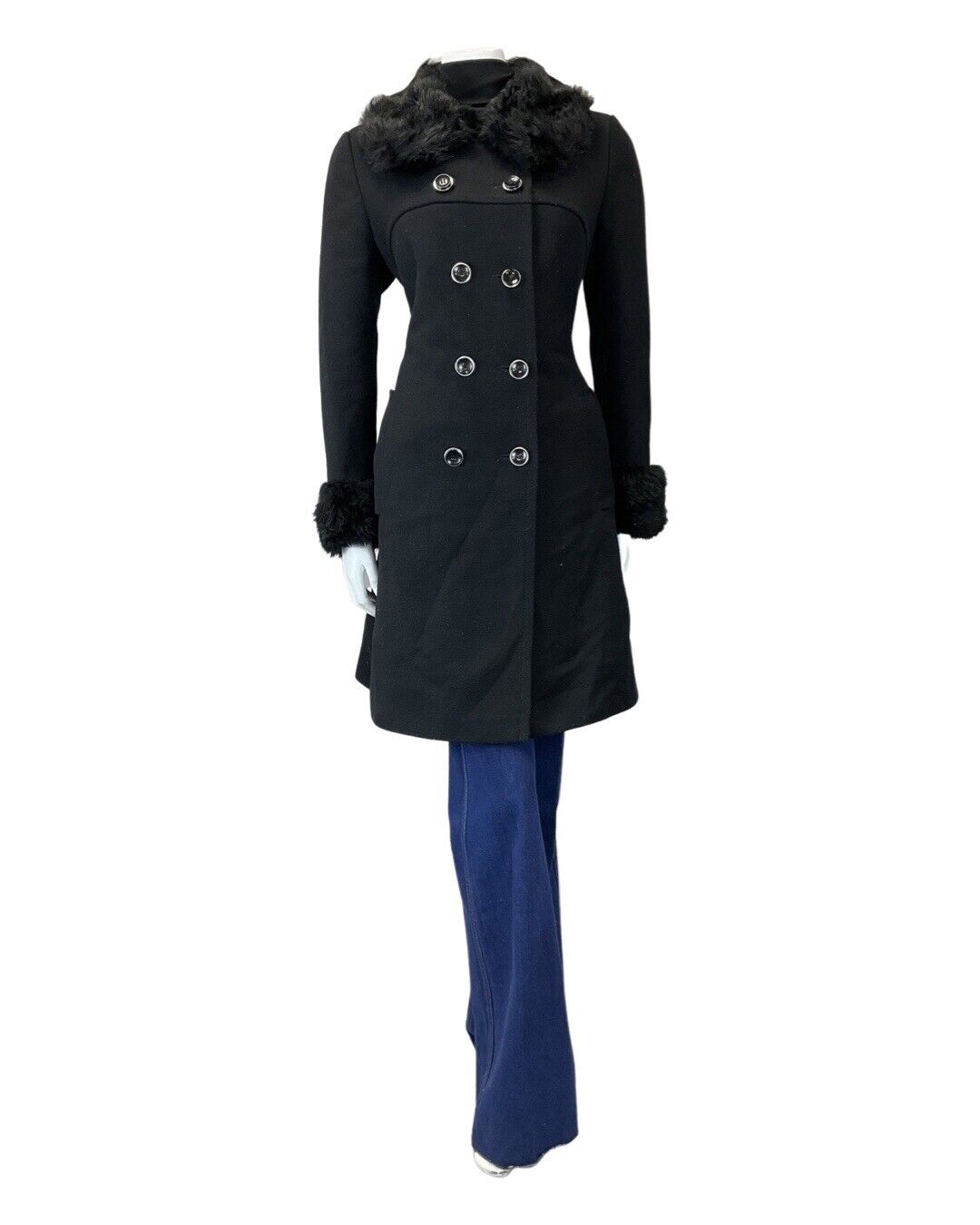 VINTAGE 60s 70s JET BLACK FAUX FUR DOUBLE BREASTED WOOL PRINCESS COAT 12