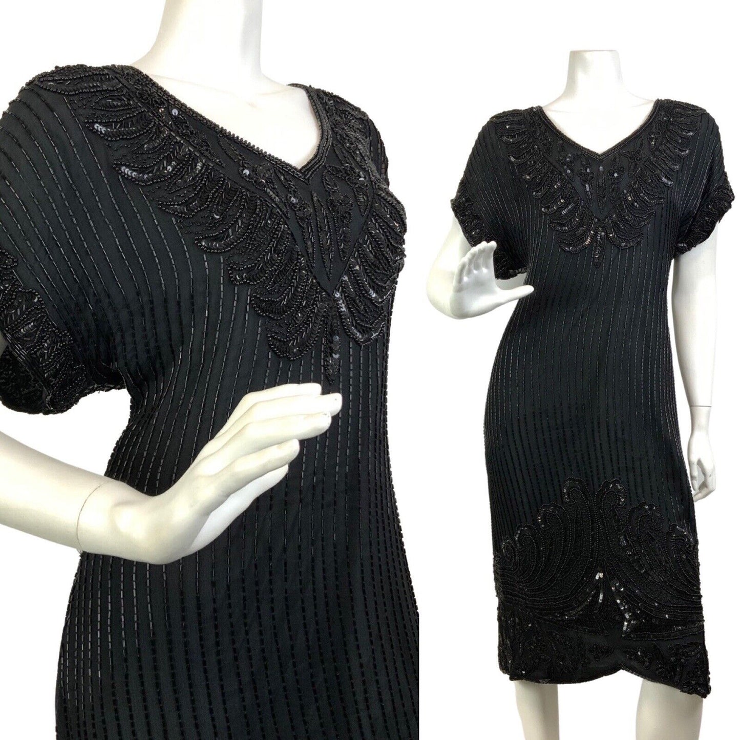 VINTAGE 70s 80s BLACK SEQUIN BEADED FLAPPER STYLE DISCO GLAM PARTY DRESS 14