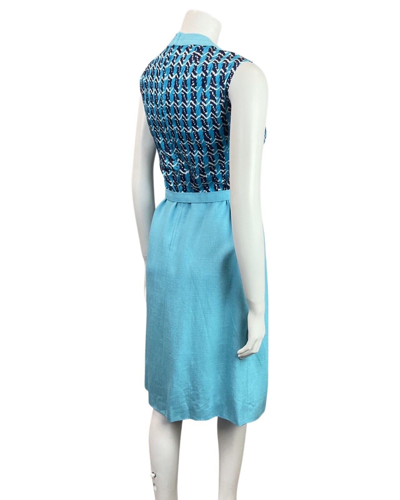 VINTAGE 60s 70s BLUE NAVY WHITE STRIPED ZIG-ZAG MOD BELTED DRESS 10 12