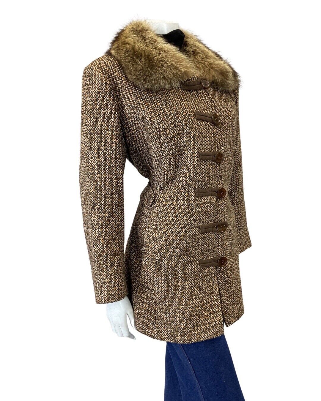 VINTAGE 60s 70s BROWN CREAM TWEED BOHO MOD SHORT WOOL COAT 16 18