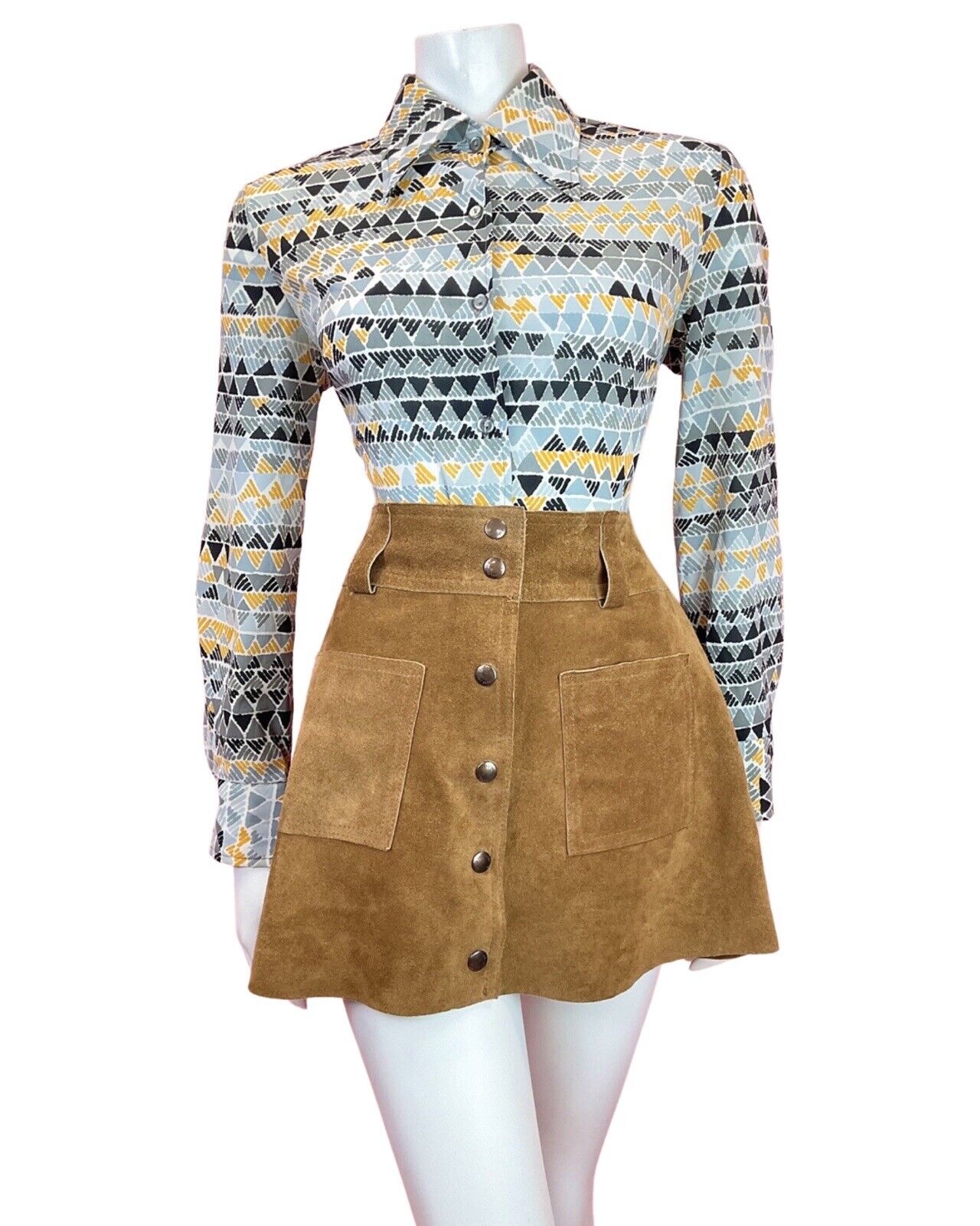 VINTAGE 60s 70s GREY SILVER YELLOW BLACK GEOMETRIC MOD DAGGER SHIRT BLOUSE 12 14
