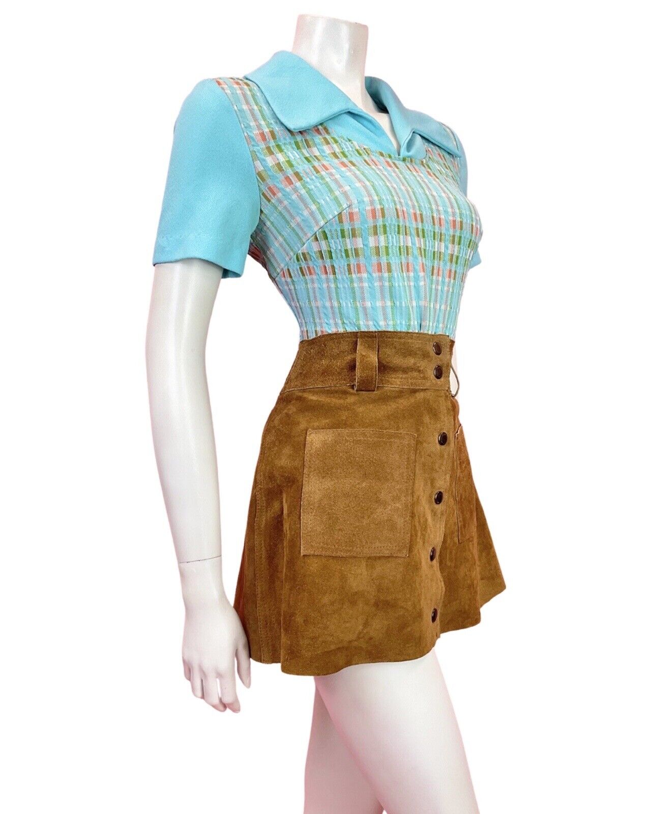 VINTAGE 60s 70s LIGHT BLUE GREEN ORANGE CHECKED MOD WING COLLAR SHIRT TOP 12 14