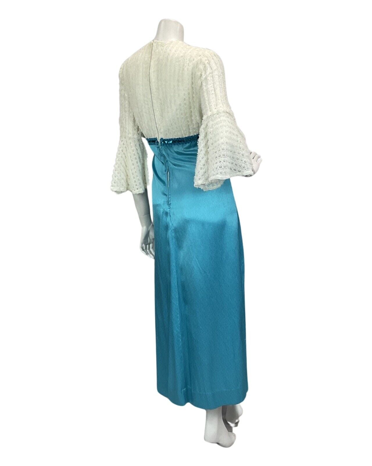 VTG 60s 70s WHITE BLUE SEQUIN SATIN BELL SLEEVE MAXI DRESS 10 12