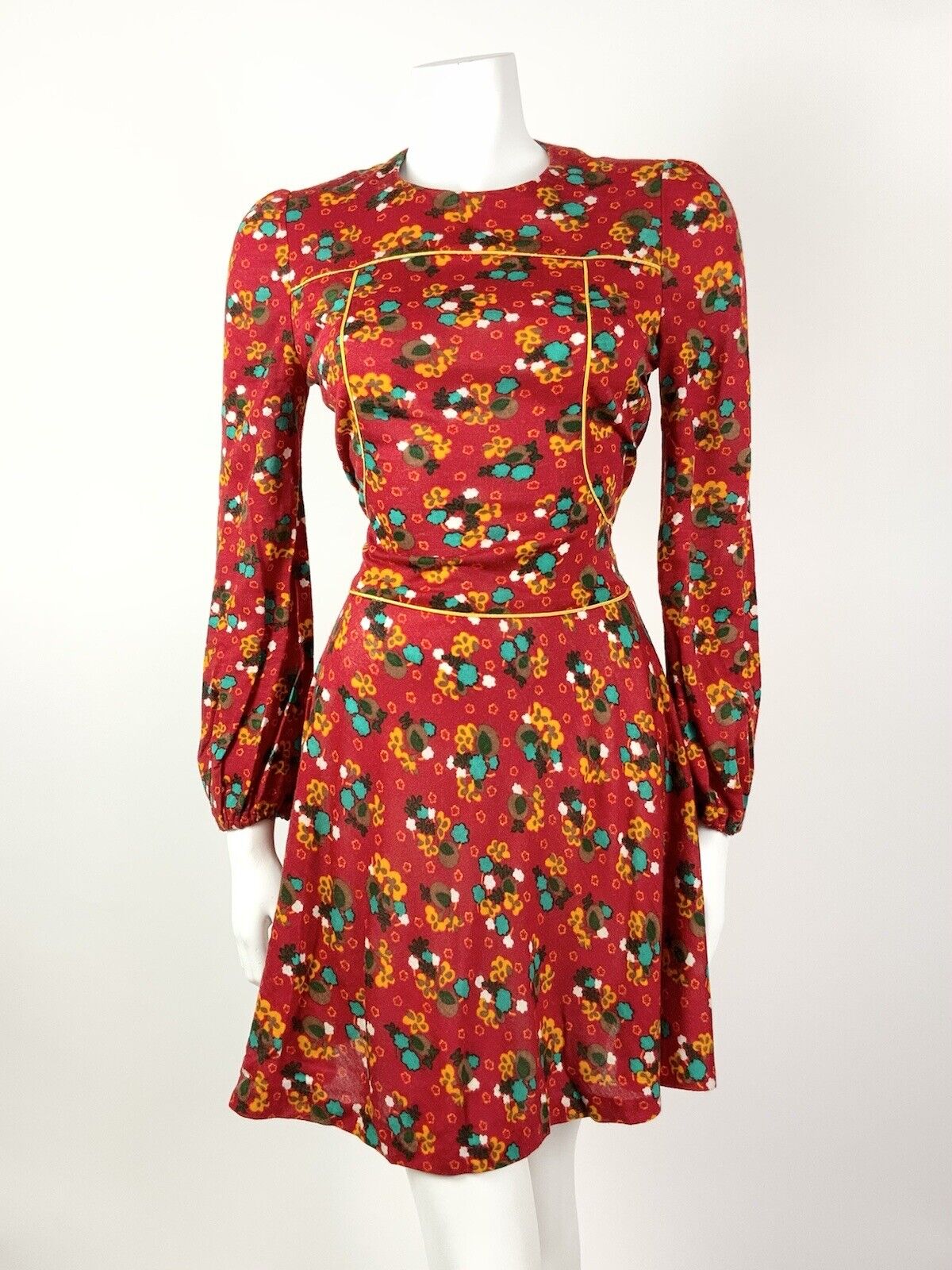 VINTAGE 60s 70s RED YELLOW BLUE FLORAL DITSY MOD PUFF SLEEVE MINI DRESS 8 10