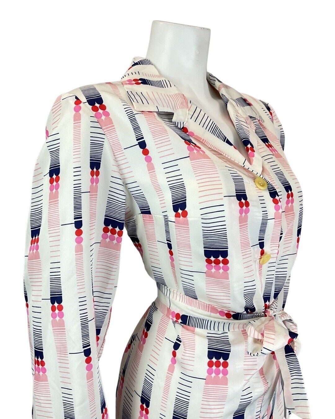 VINTAGE 60s 70s WHITE PINK BLUE GEOMETRIC MOD BELTED SHIRT DRESS 14