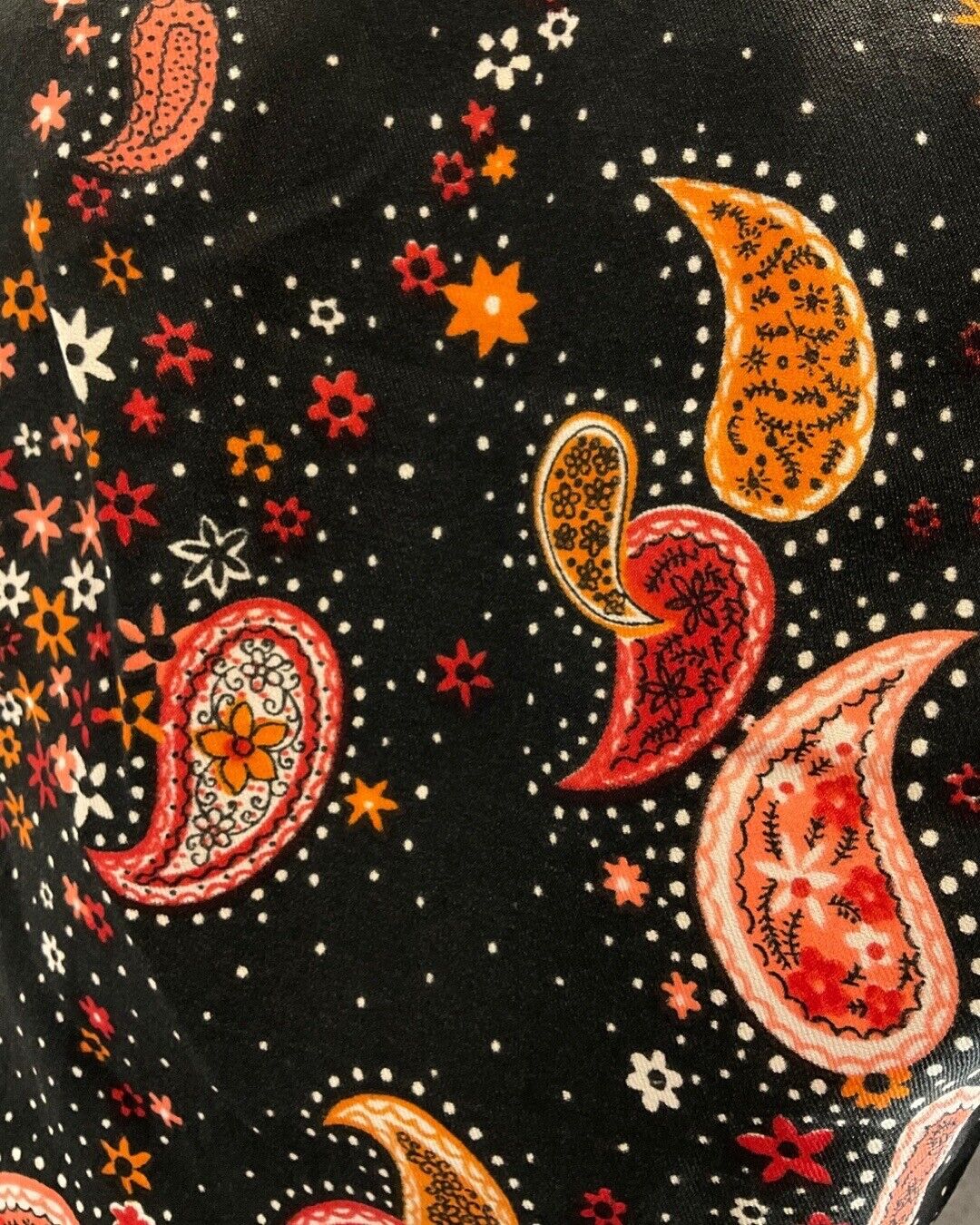 VINTAGE 60s 70s BLACK ORANGE RED PAISLEY FLORAL MOD PETER PAN COLLAR BLOUSE 8