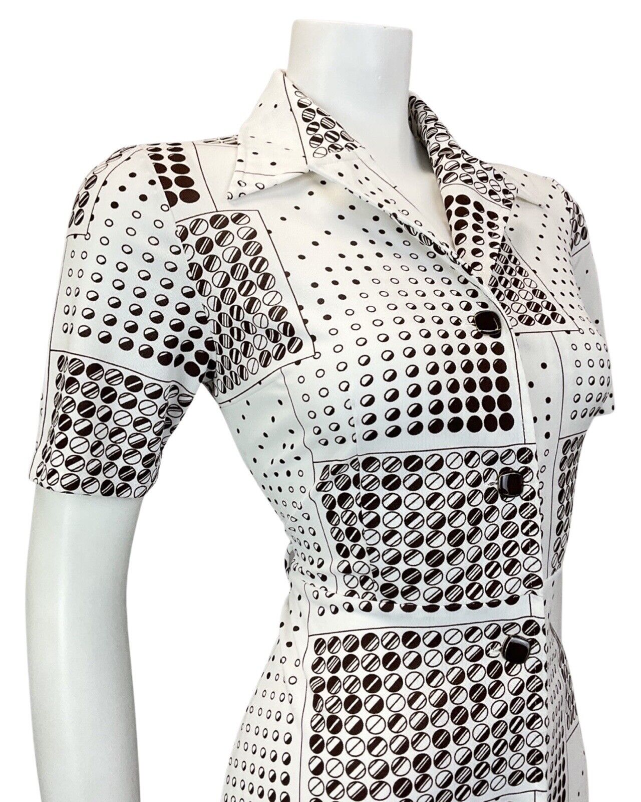 VINTAGE 60s 70s WHITE BROWN DOTTY CIRCLE GEOMETRIC MOD DAGGER SHIRT DRESS 10 12
