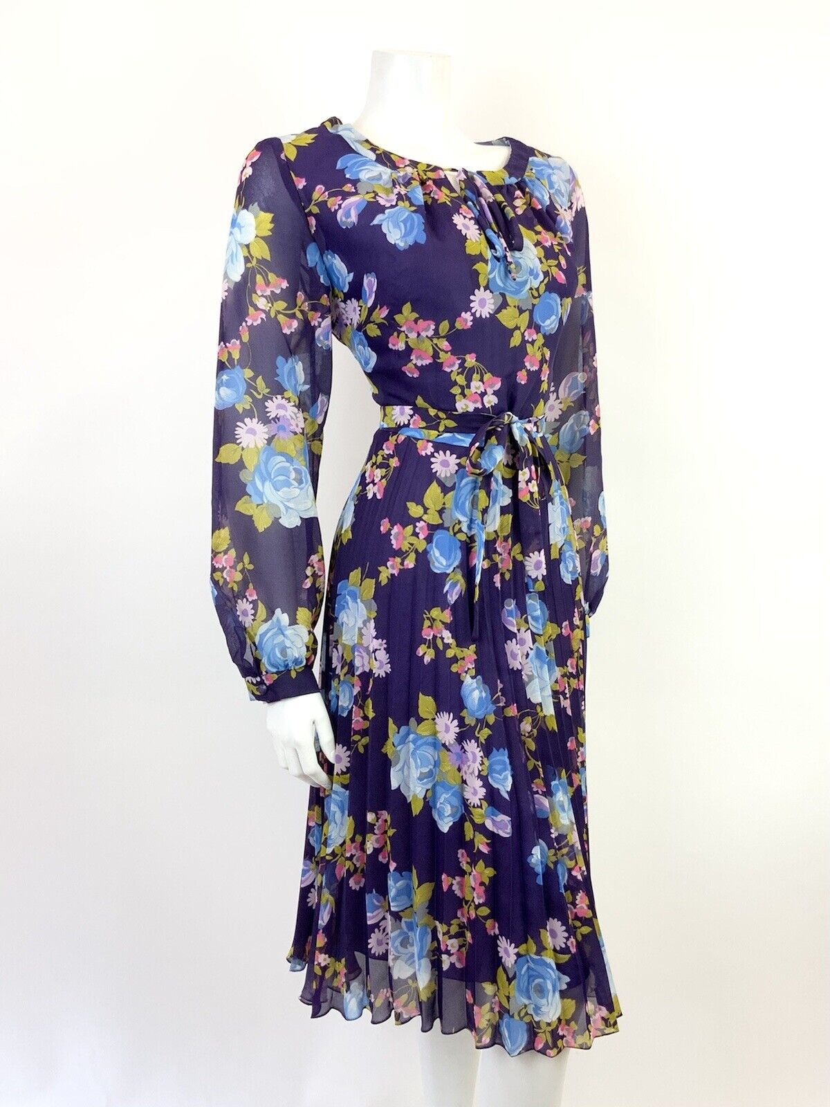 VINTAGE 60s 70s PURPLE BLUE PINK FLORAL ROSE PLEATED BOHO FOLK SHEER DRESS 12 14