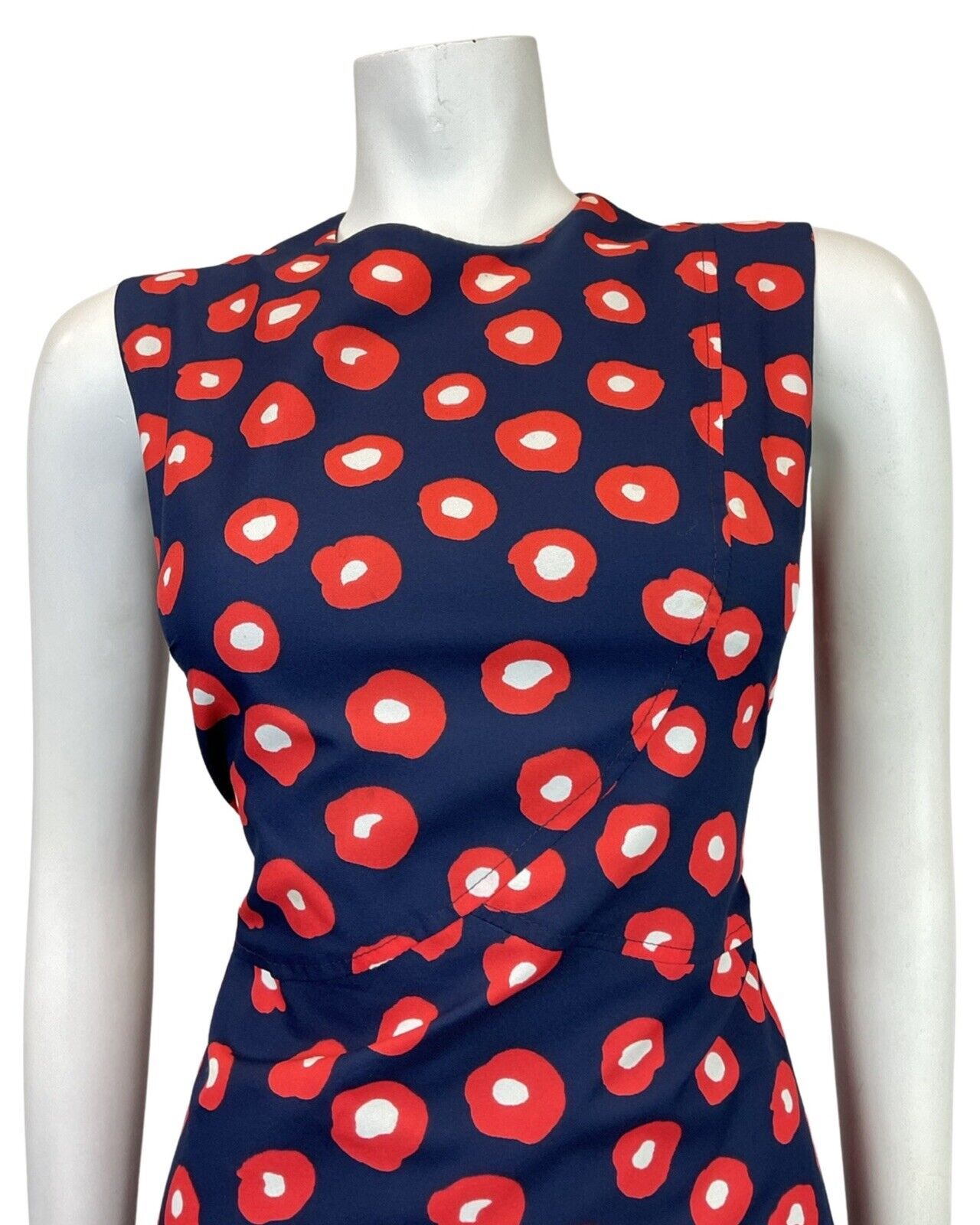 VINTAGE 60s 70s BLUE RED WHITE ABSTRACT DOTTY SLEEVELESS MOD DRESS 10 12