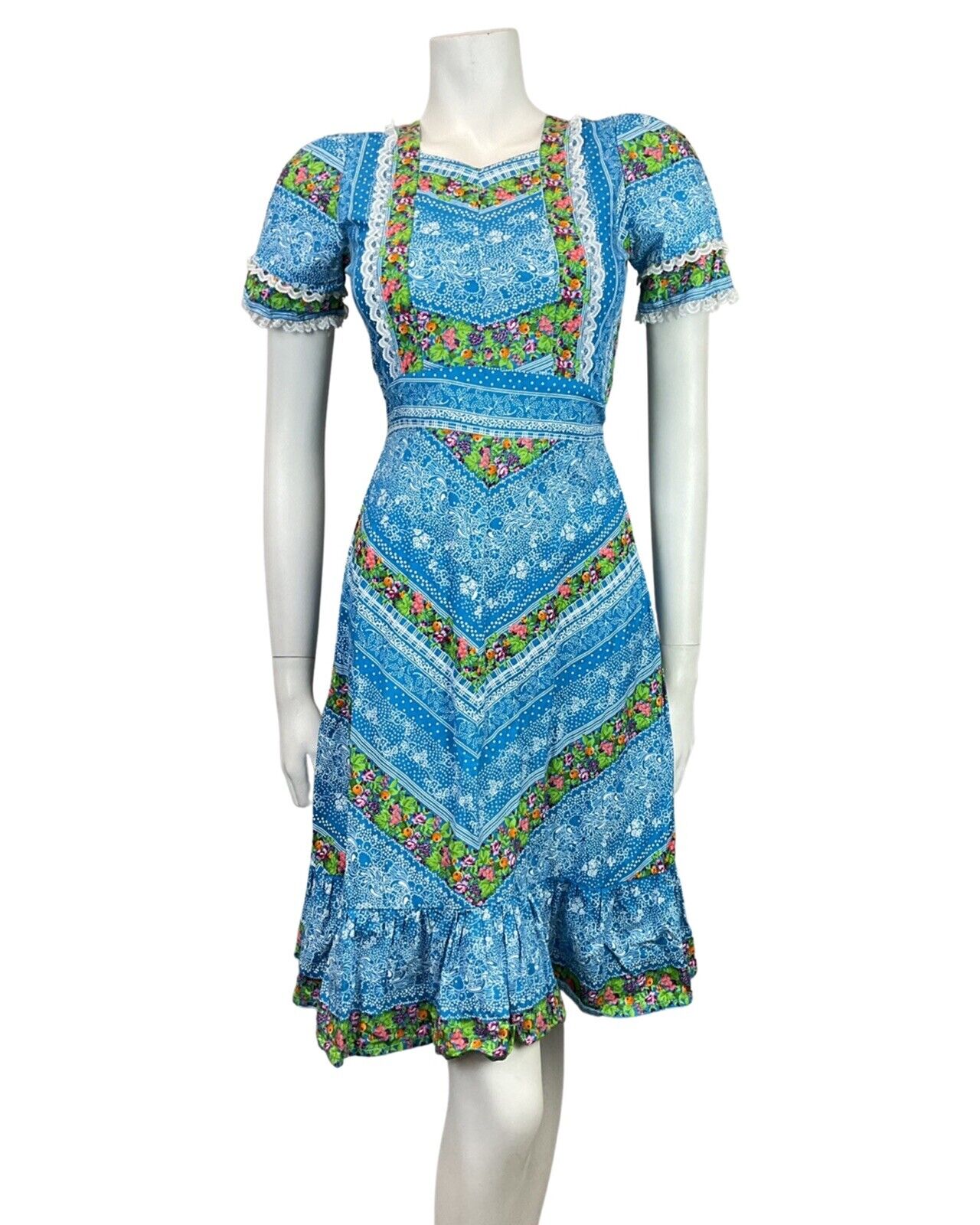 VINTAGE 70s BLUE GREEN WHITE FLORAL BERRY LACE DOTTY FOLK PRAIRIE BOHO DRESS 4