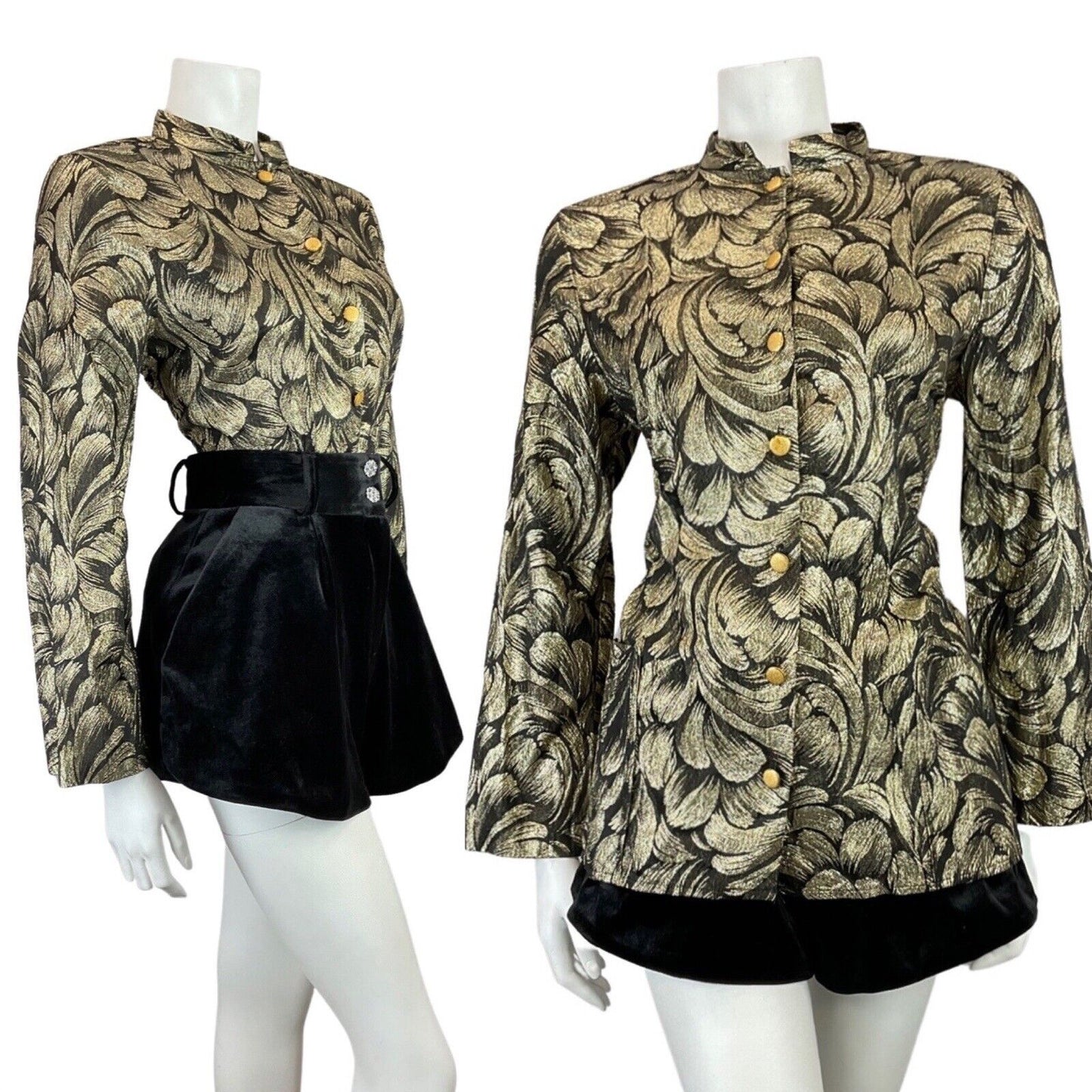 VINTAGE 60s 70s GOLD BLACK PSYCHEDELIC MANDARIN COLLAR STUDIO 54 LUREX SHIRT 14