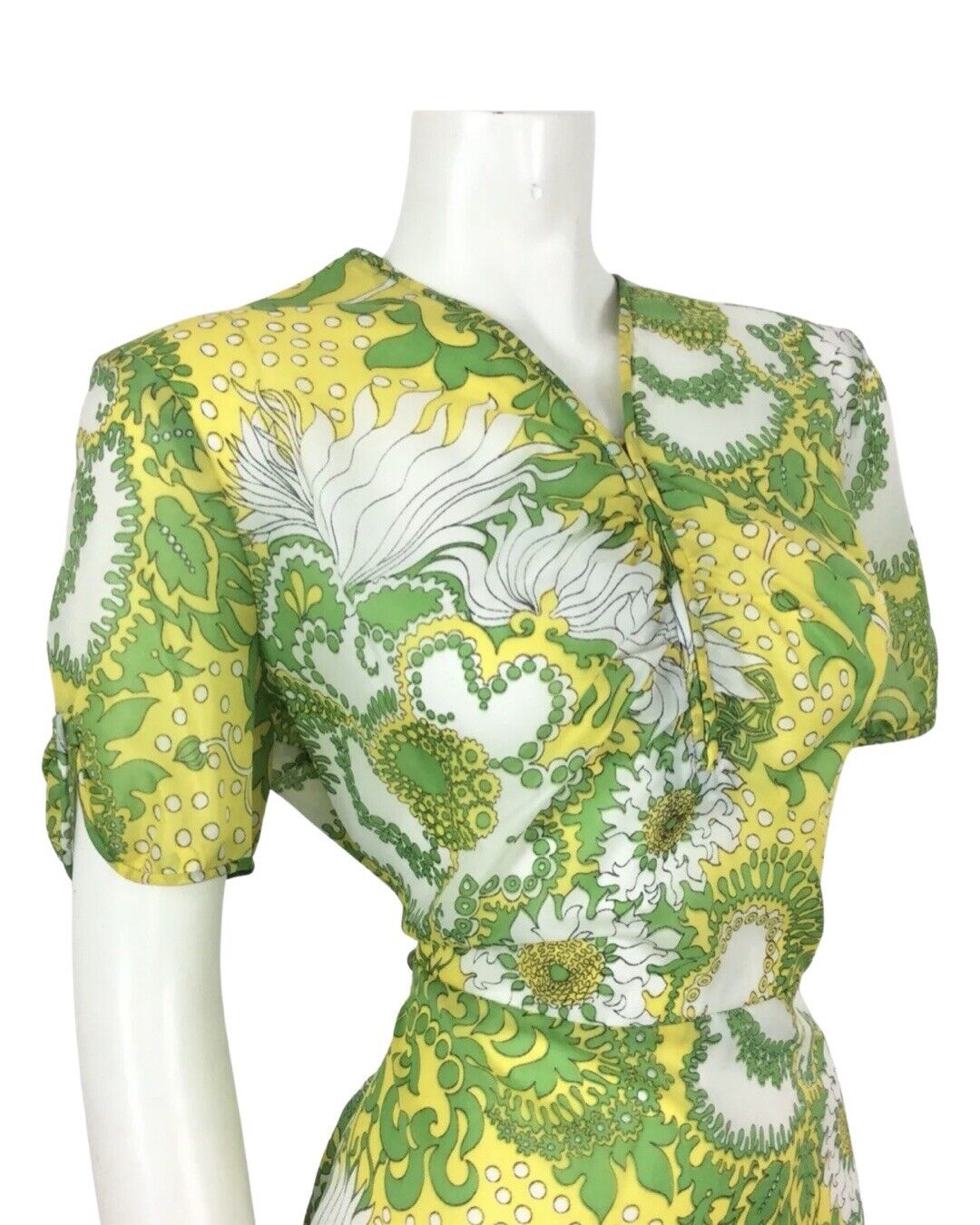 PSYCHEDELIC 70S VINTAGE YELLOW GREEN WHITE FLORAL DRESS 14