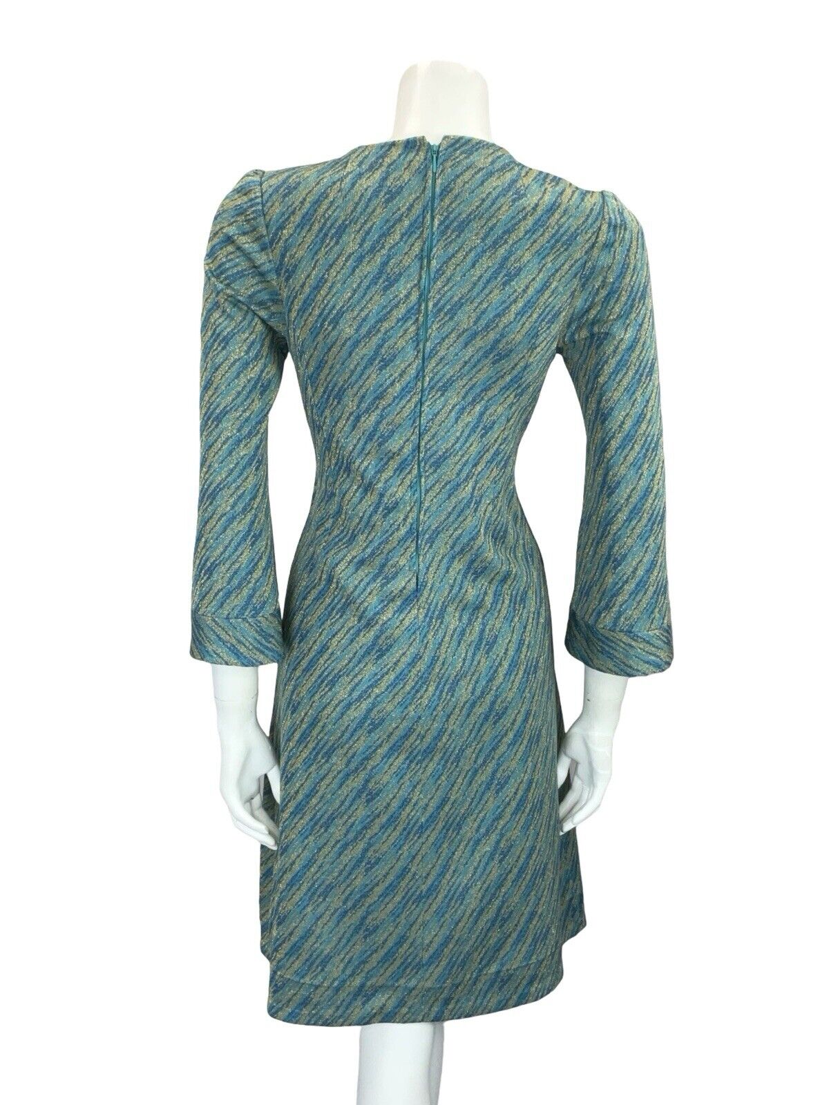 VTG 60S 70S MOD GOGO BLUE TEAL GOLD BELL SLEEVE V NECK PARTY MINI DRESS S 8 10