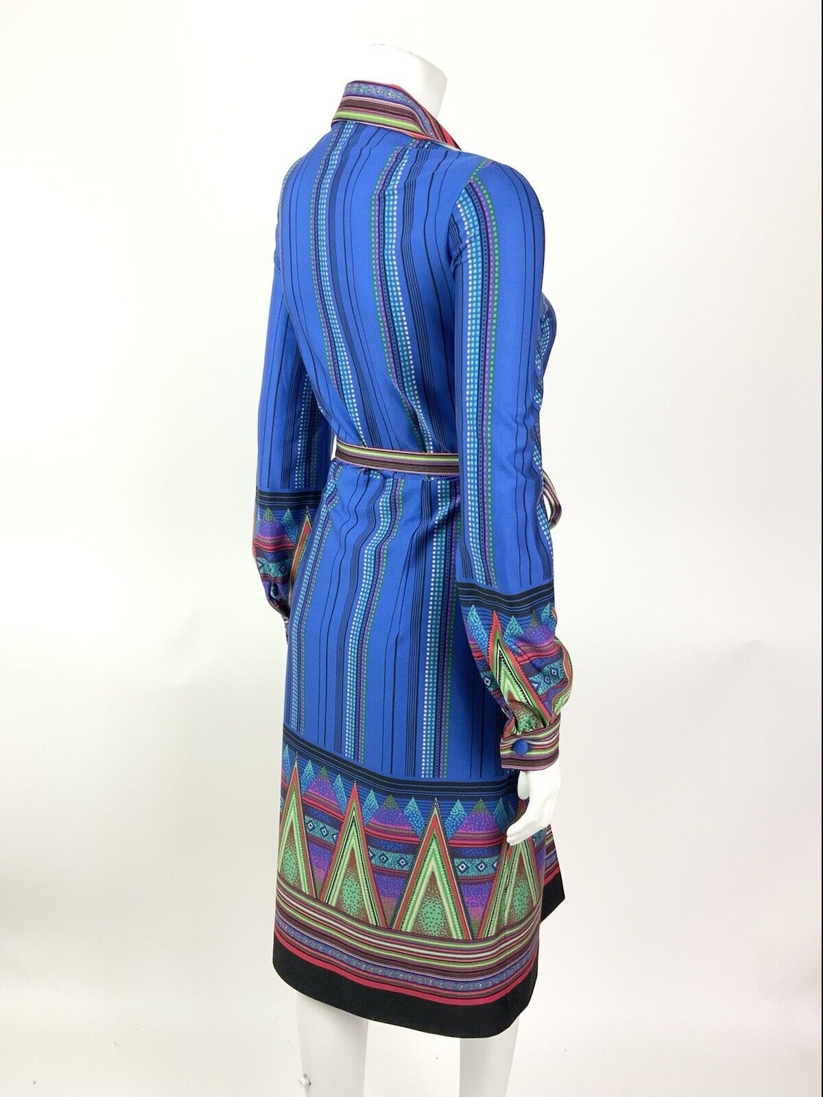 VTG 60s 70s BLUE GREEN PINK DOTTY STRIPED AZTEC BELTED DAGGER SHIRT DRESS 8 10