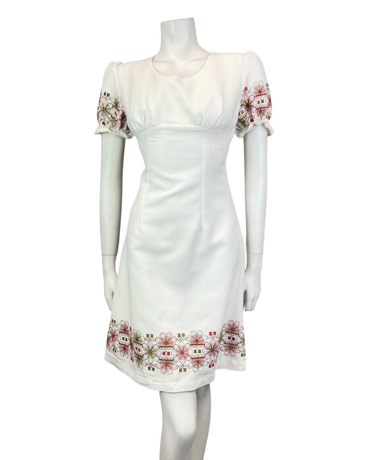 VINTAGE 60s 70s WHITE RED GREEN EMBROIDERED FLORAL PUFF SLEEVE MOD DRESS 8 10