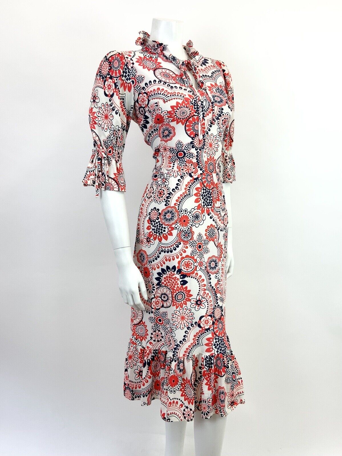 VINTAGE 60s 70s WHITE RED BLUE FLORAL MANDALA PSYCHEDELIC MOD RUFFLE DRESS 12 14
