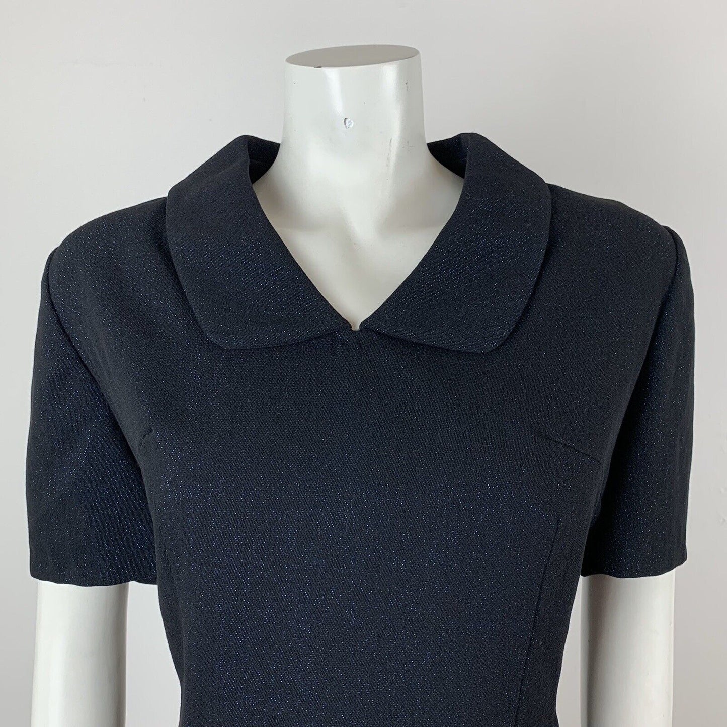 VINTAGE 60s 70s BLACK BLUE GLITTER LUREX PARTY MOD PETER PAN COLLAR DRESS 10