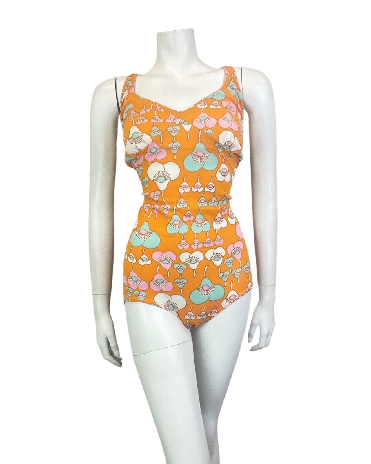 VINTAGE 60s 70s ORANGE PINK BLUE FLORAL MOD STRAPPY SWIMSUIT BODYSUIT 14 16