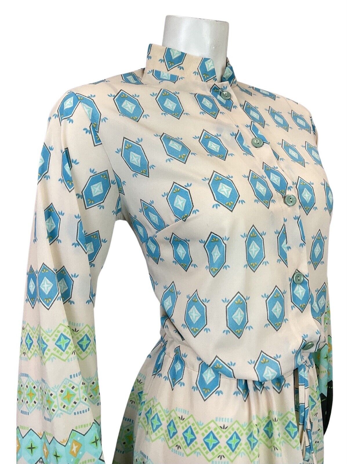 VINTAGE 60s 70s WHITE BLUE GREEN GEOMETRIC BOHO FOLK BLOUSON DRESS 12 14