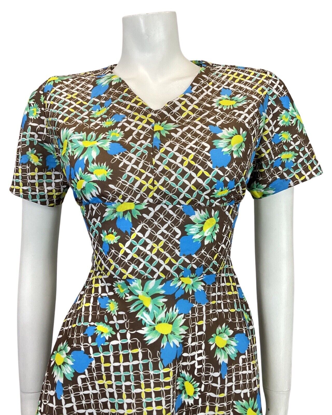 VINTAGE 60s 70s BROWN BLUE WHITE GRID CHECKED FLORAL MOD SWING DRESS 10 12