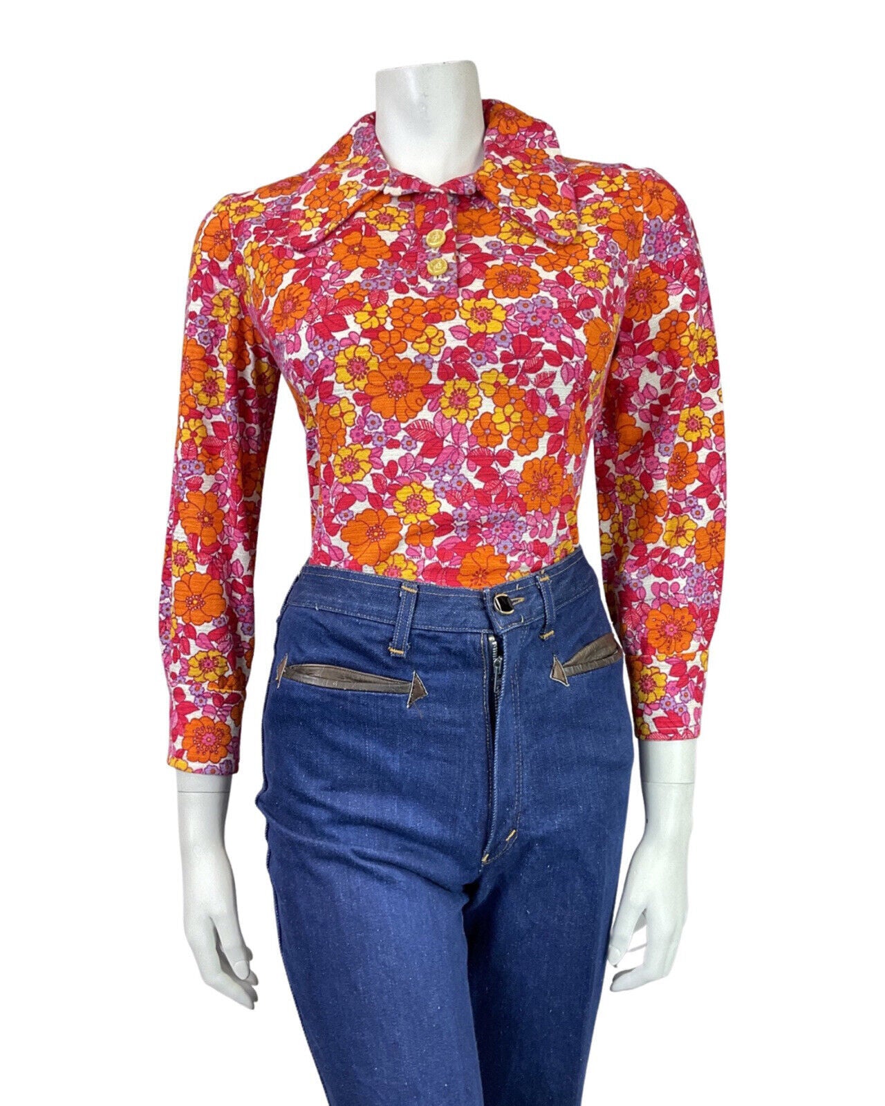 VINTAGE 60s 70s PINK ORANGE RED PSYCHEDELIC FLORAL DAISY BEAGLE COLLAR BLOUSE 8