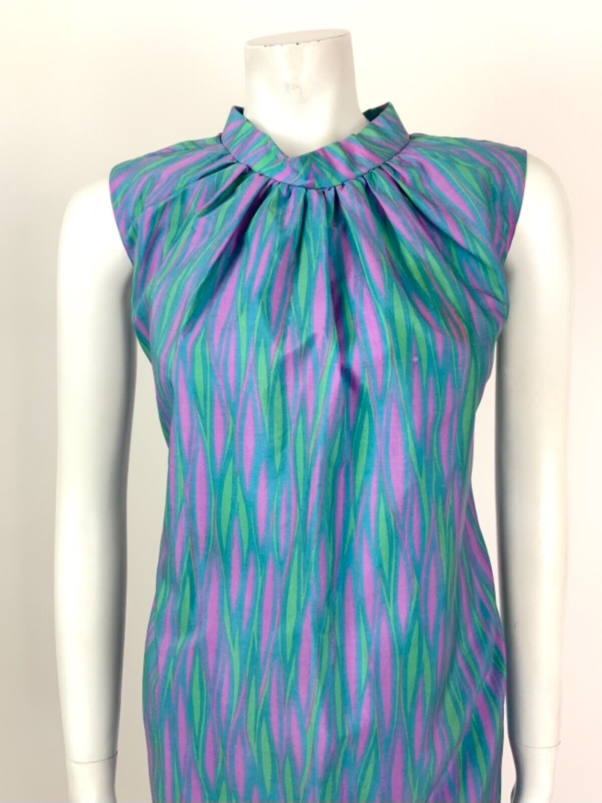 VINTAGE 60s 70s BLUE PURPLE GREEN PSYCHEDELIC WAVY MOD A-LINE DRESS 12 14