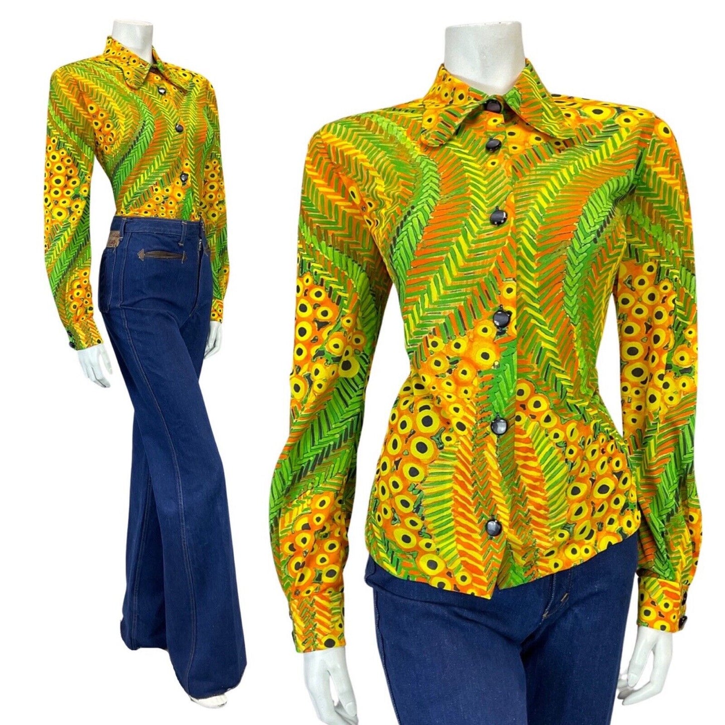 VINTAGE 60s 70s YELLOW GREEN PSYCHEDELIC DOTTY BEAGLE COLLAR MOD SHIRT 12 14