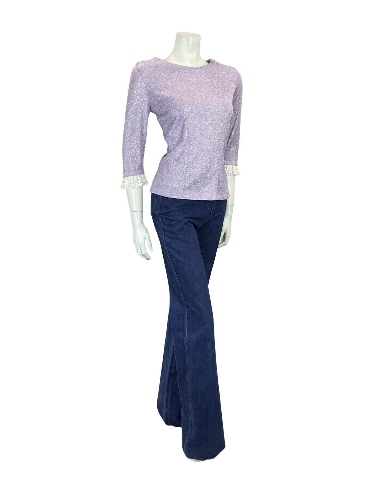 VTG 60S 70S LILAC PURPLE LUREX LACE TRIM 1/2 SLEEVE PARTY PRAIRIE MOD TOP 8