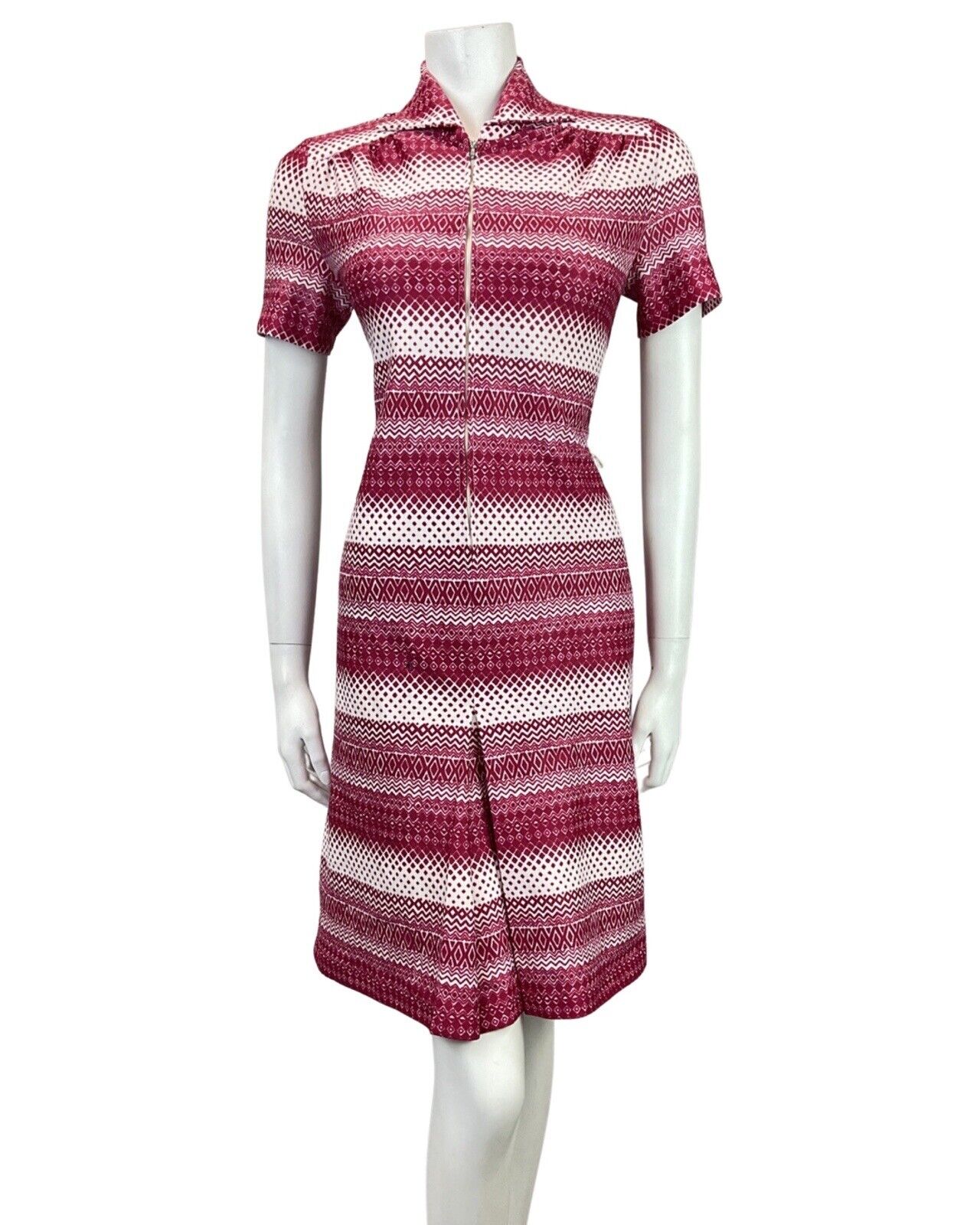 VINTAGE 60s 70s PURPLE GEOMETRIC STRIPED ZIG-ZAG DOTTY ZIP-UP MOD SHIRT DRESS 12