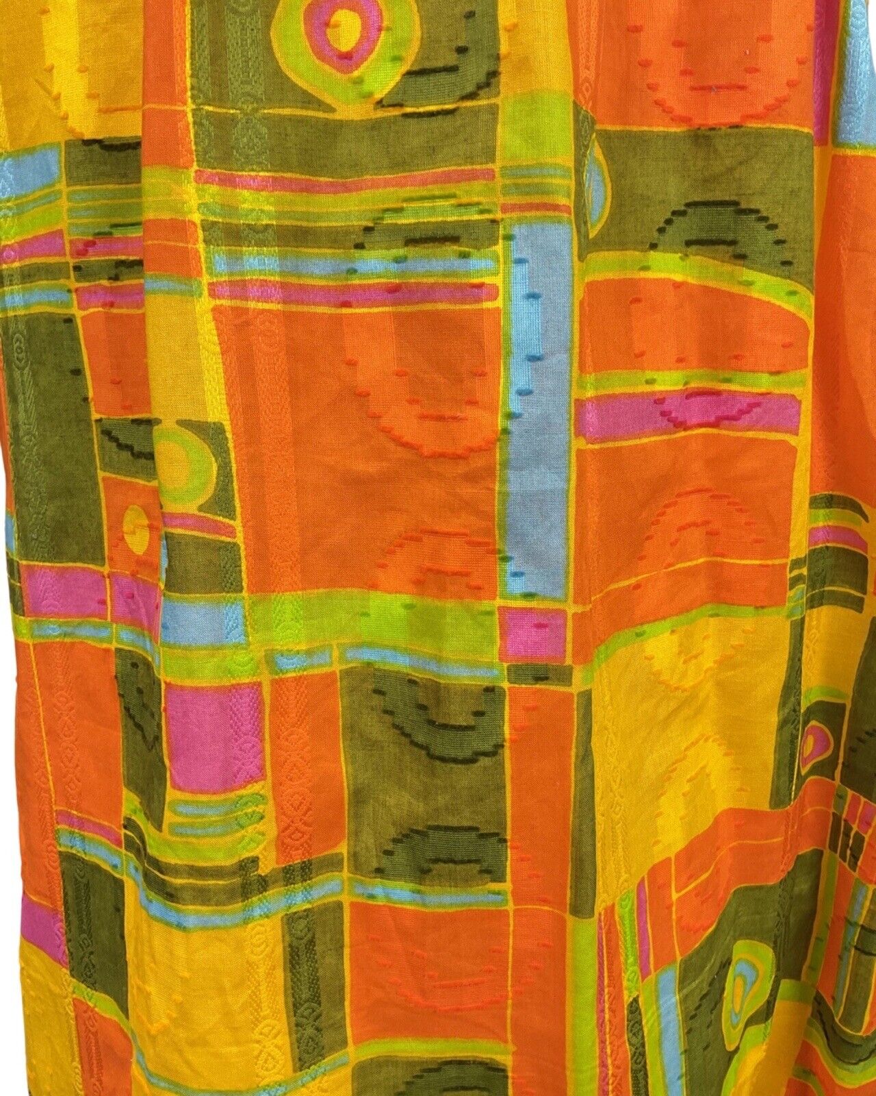VINTAGE 60s 70s YELLOW GREEN ORANGE GEOMETRIC PUFF SLEEVE TENT DRESS 12 14