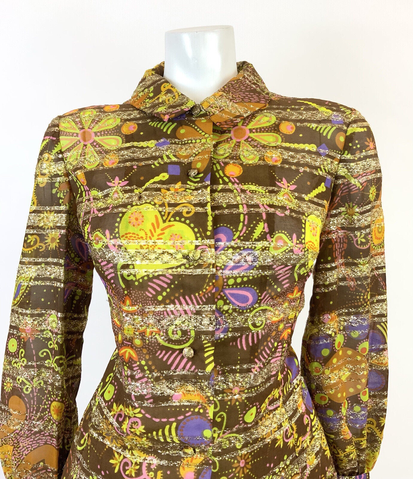 VTG 60s 70s BROWN PINK GREEN GOLD PSYCHEDELIC FLORAL STRIPED DAGGER SHIRT 14 16