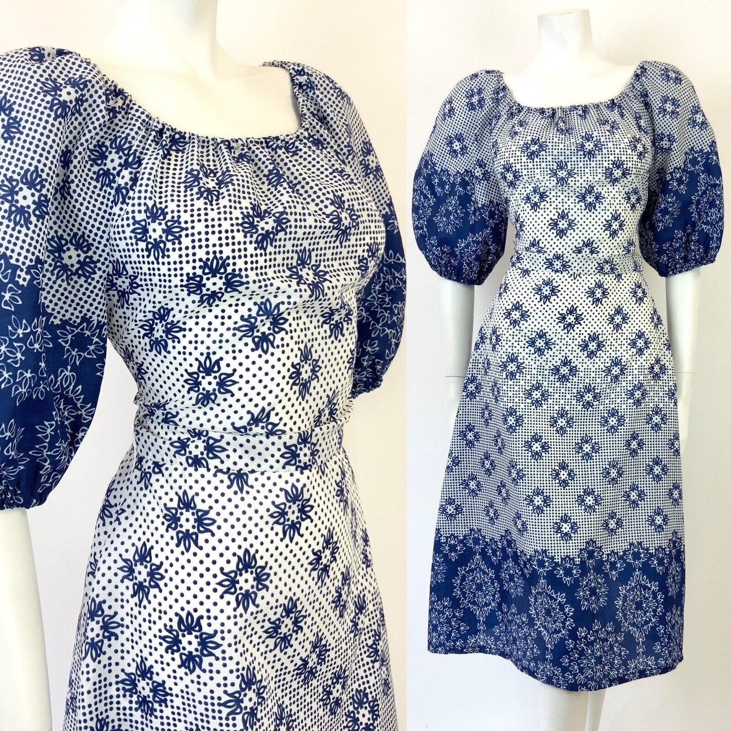 VINTAGE 60s 70s WHITE BLUE FLORAL POLKA-DOT PUFF SLEEVE FOLK PRAIRIE DRESS 10