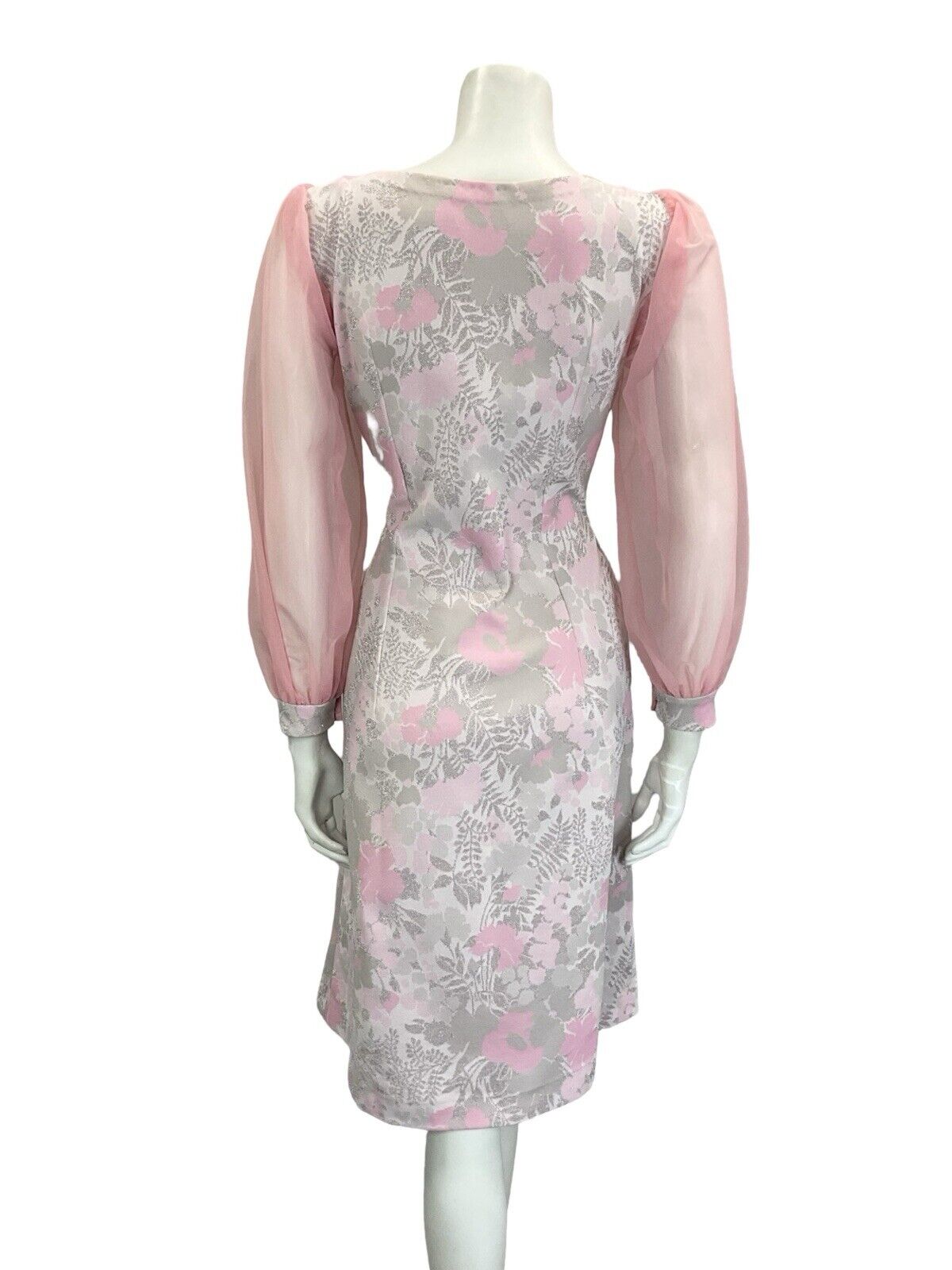 VTG 60S PINK GREY SILVER FLORAL SWEETHEART MESH SLEEVE PARTY MINI DRESS 12
