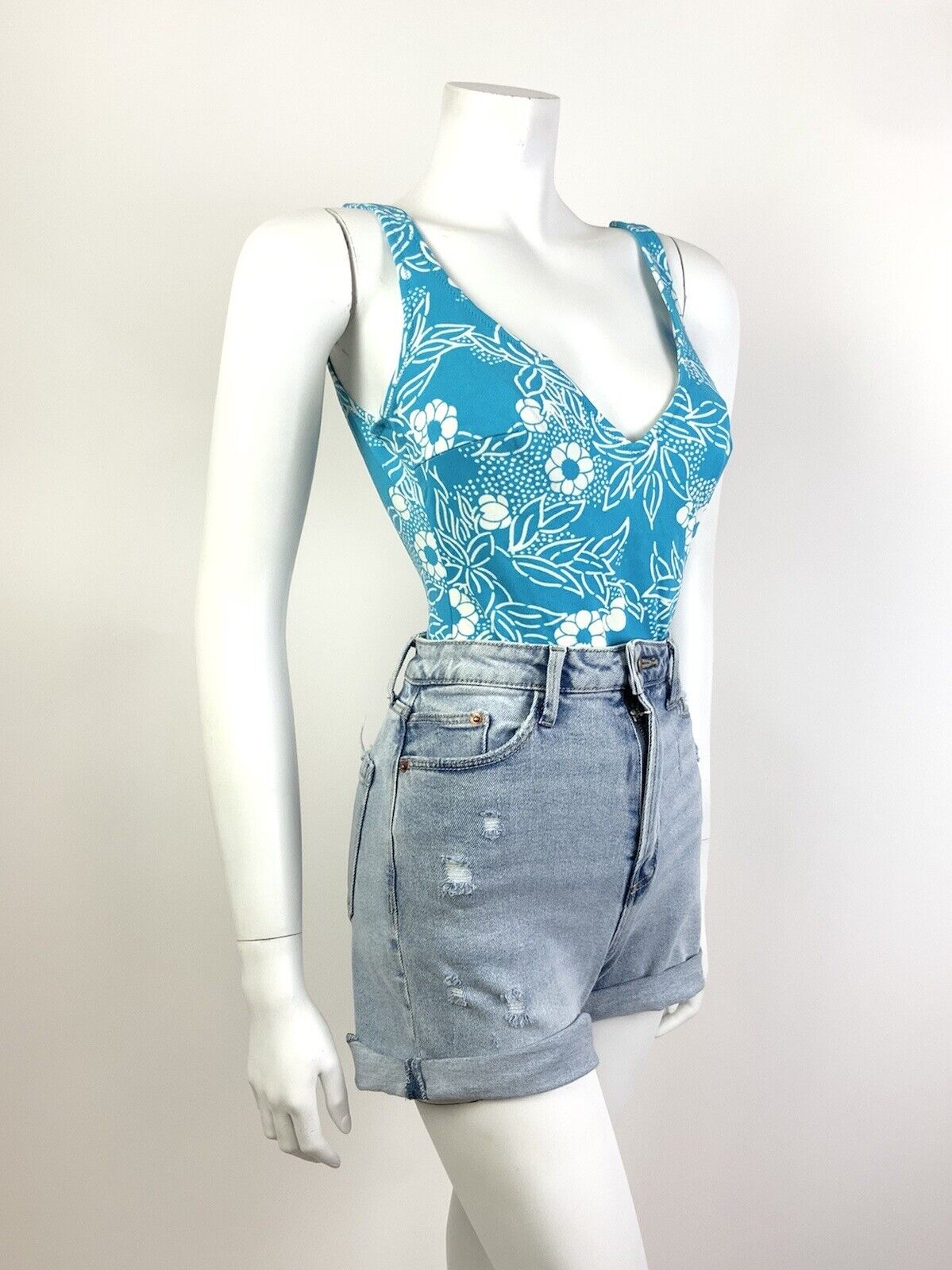 VTG 60s 70s BLUE WHITE FLORAL LEAFY MOD LOW-RISE SWIM BODY SUIT 9 10