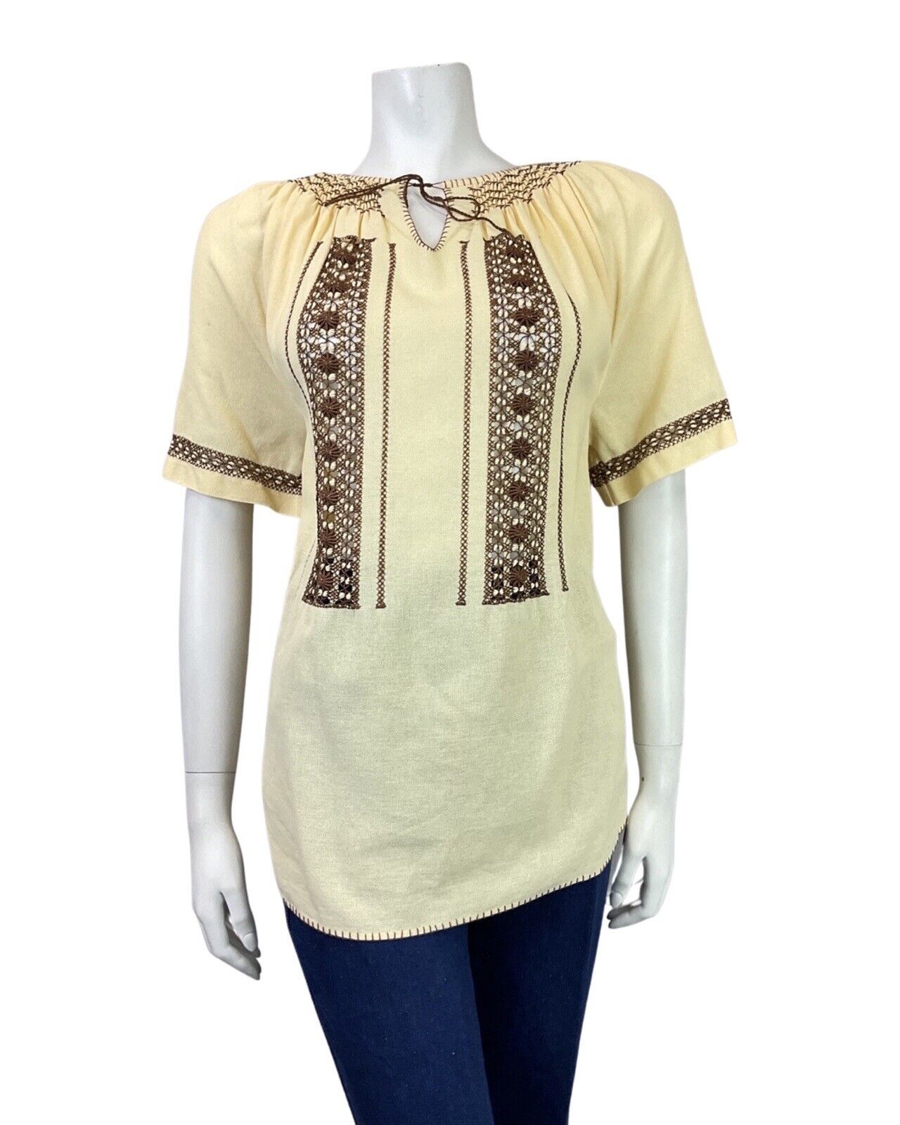 VINTAGE 70s YELLOW BROWN CROCHETED BOHO PRAIRIE FOLK COTTON BLOUSE 14 16