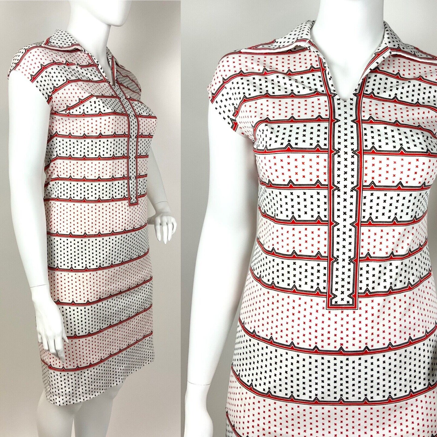VINTAGE 60s 70s WHITE RED BLACK WING COLLAR STRIPED CROSS MOD DRESS 16 18