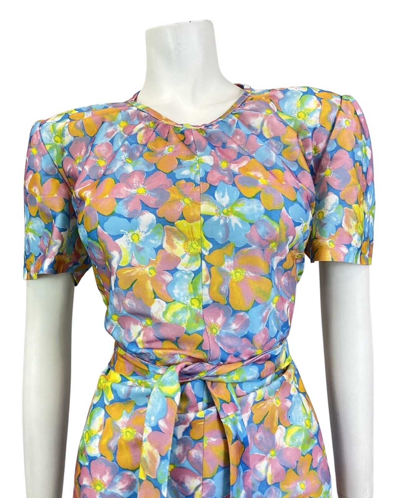 VINTAGE 60s 70s BLUE GREEN ORANGE FLORAL PSYCHEDELIC MOD SUMMER DRESS 14 16