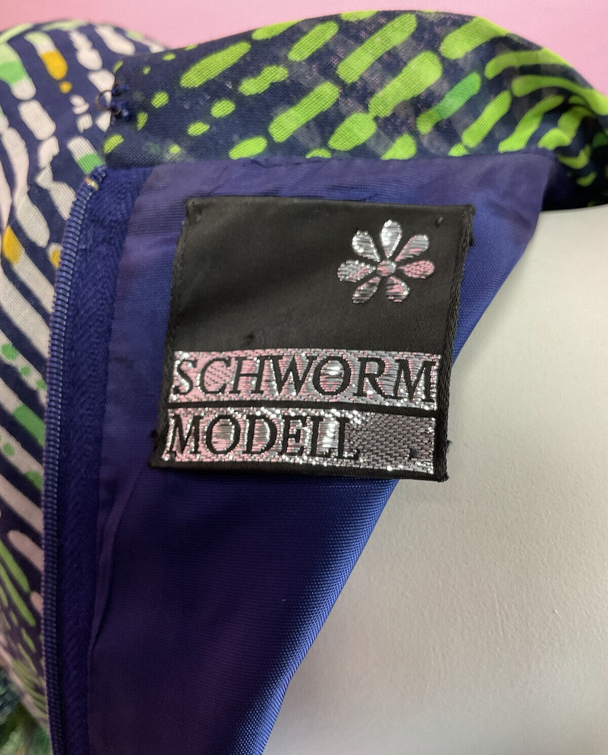 VINTAGE 60s 70s BLUE GREEN WHITE STRIPED PSYCHEDELIC SHEER PUSSYBOW DRESS 14 16