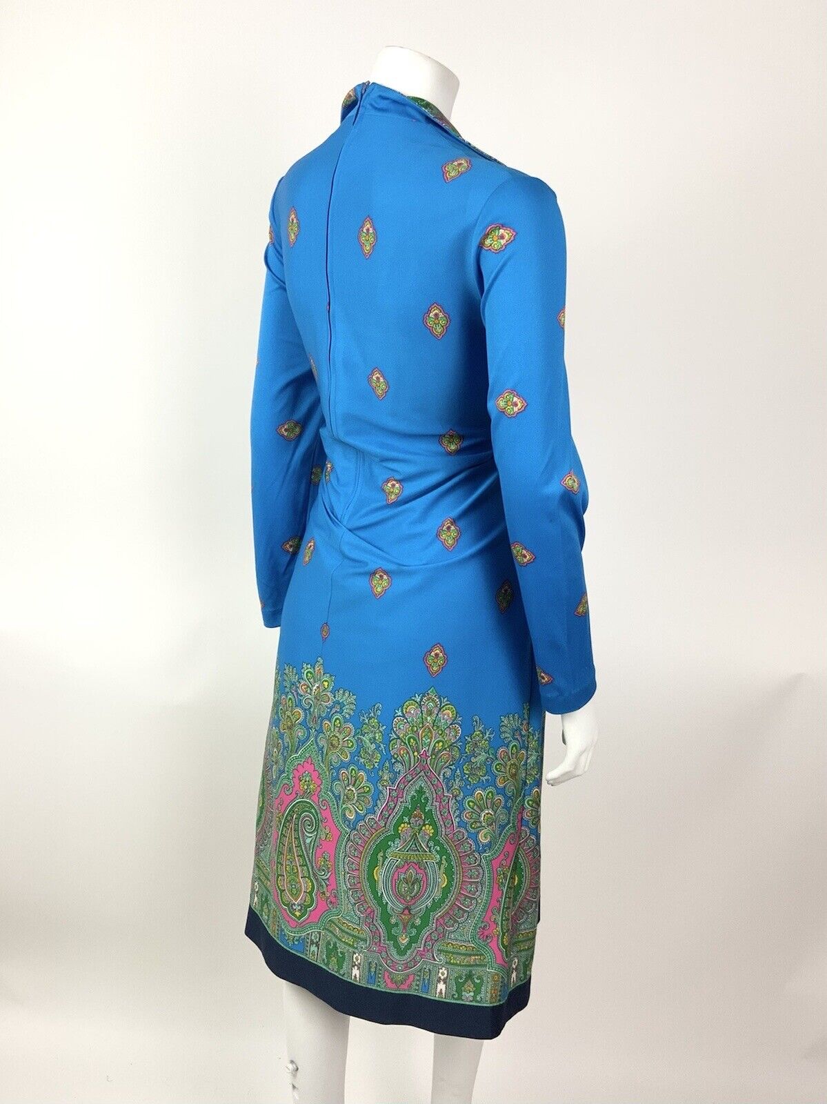 VTG 60s 70s BLUE PINK GREEN FLORAL PAISLEY INDIAN ETHNIC DAGGER COLLAR DRESS 16