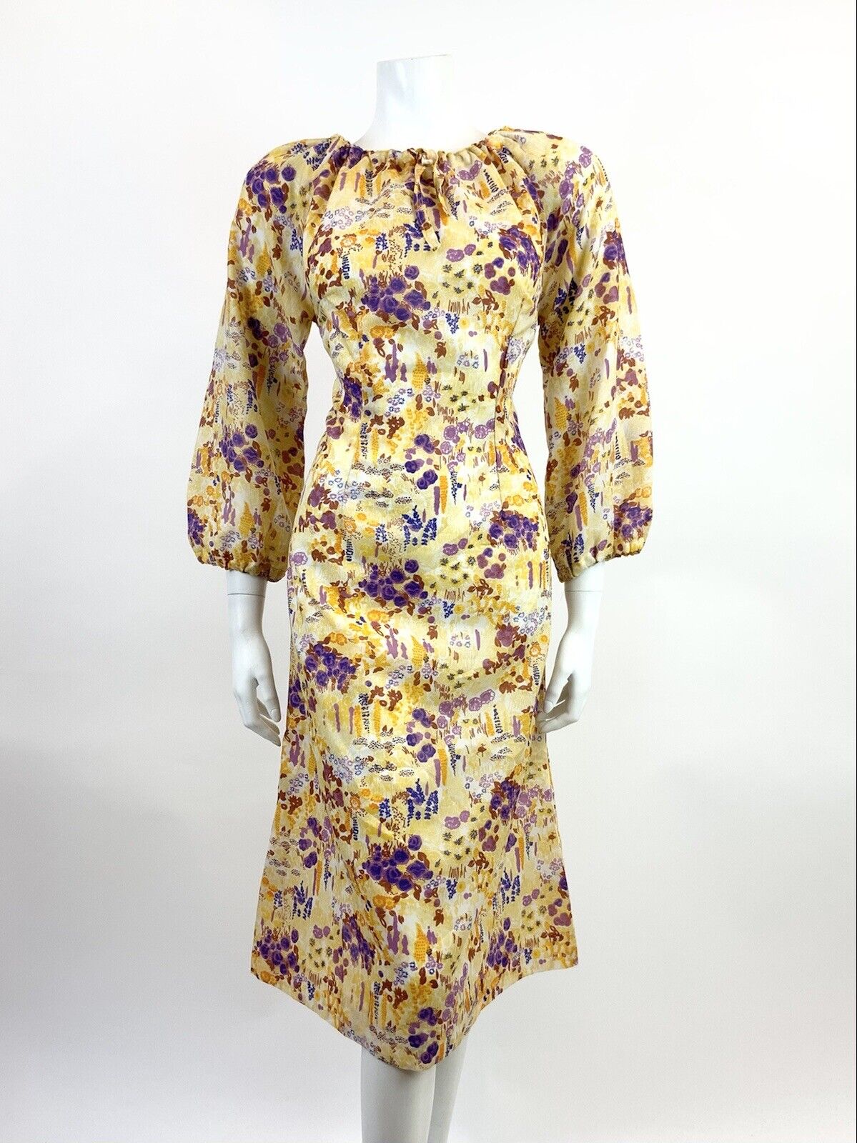VINTAGE 60s 70s YELLOW WHITE PURPLE FLORAL DITSY BOHO FOLK FLOATY DRESS 14 16