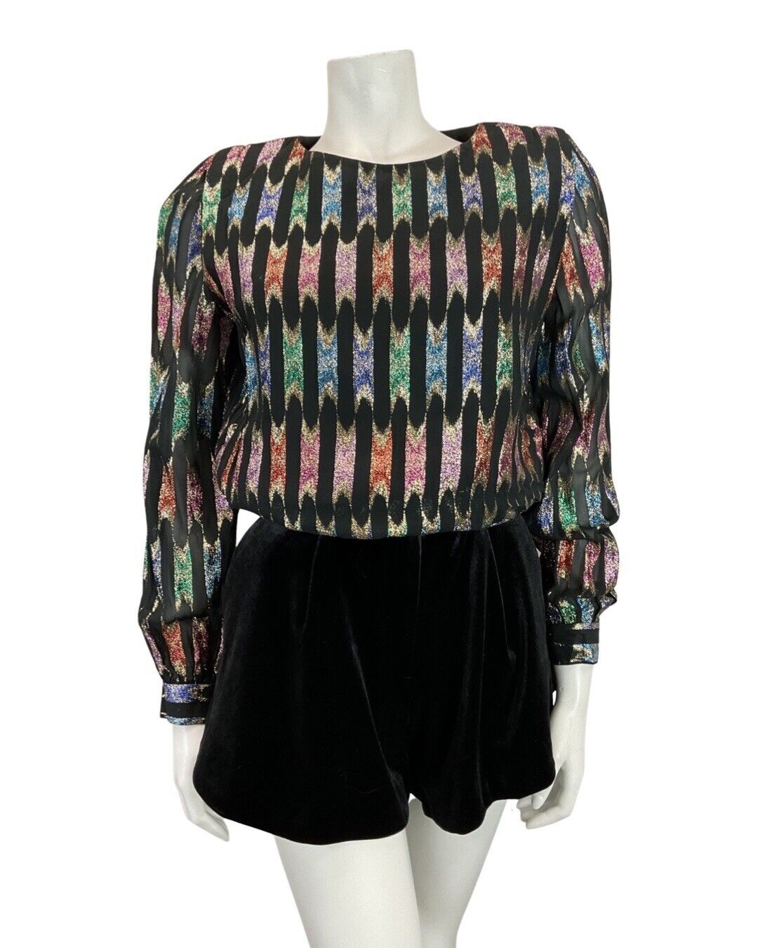 VINTAGE 70s 80s BLACK GREEN SILVER STRIPED DISCO PARTY SHEER BLOUSE TOP 10