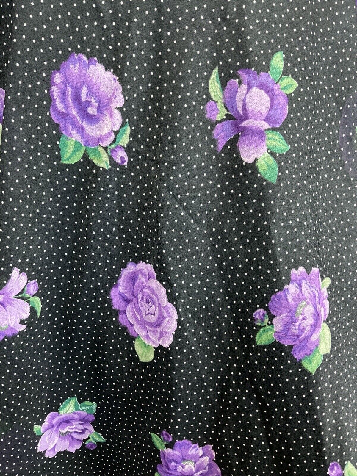 VINTAGE 70s BLACK WHITE PURPLE POLKA-DOT FLORAL PUFF SLEEVE BOHO MAXI DRESS 16